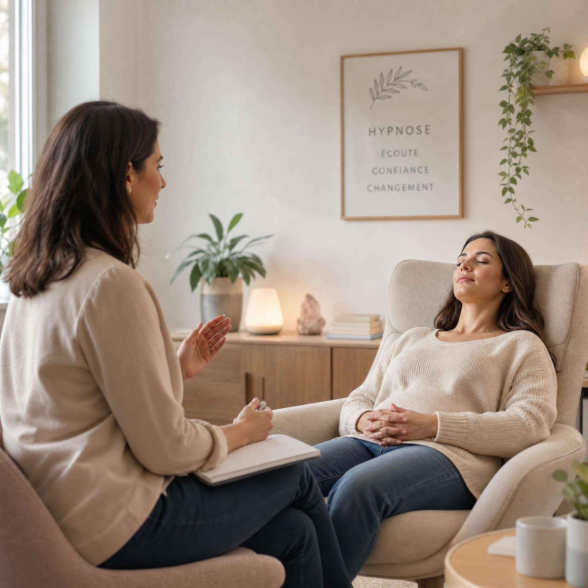 Praticienne en hypnose guidant une patiente détendue dans un fauteuil confortable, cabinet chaleureux aux tons doux, lumière naturelle apaisante, plan moyen