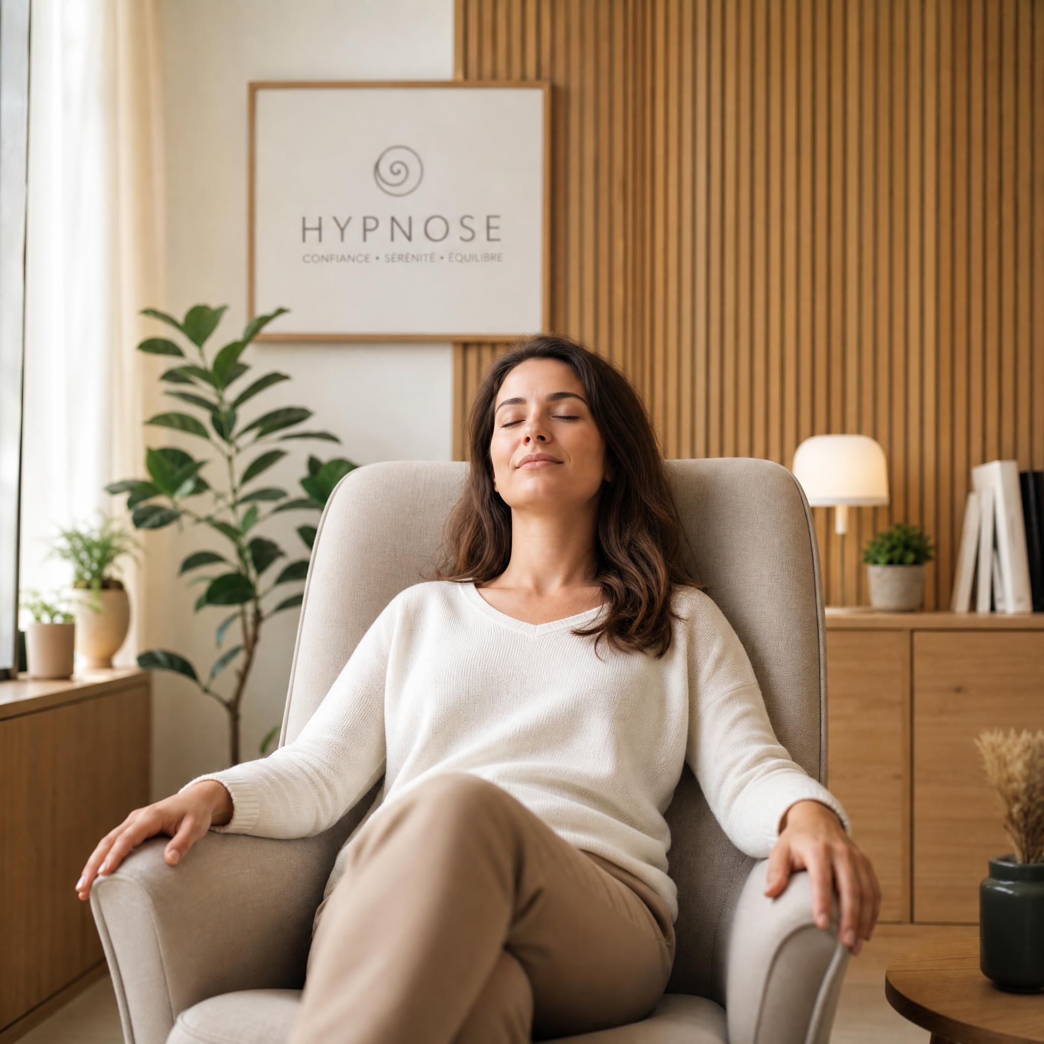 Femme assise dans un fauteuil confortable, yeux fermés, épaules relâchées, expression de sérénité profonde, cabinet d'hypnose moderne aux tons beige et bois clair, lumière naturelle douce — plan moyen