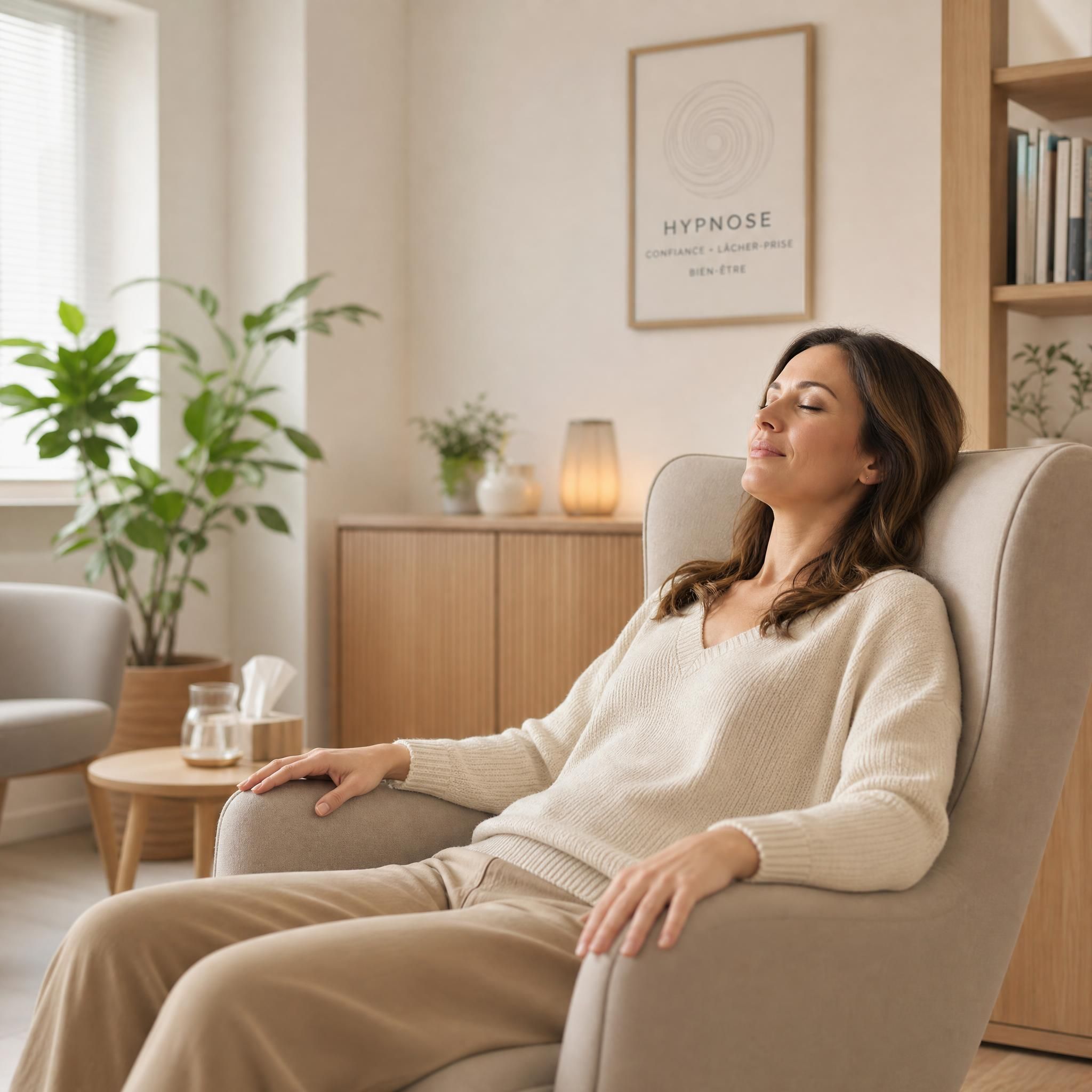 Femme aux épaules relâchées, yeux fermés et visage apaisé dans un fauteuil confortable, cabinet d'hypnose moderne aux tons beige et bois clair, lumière naturelle douce