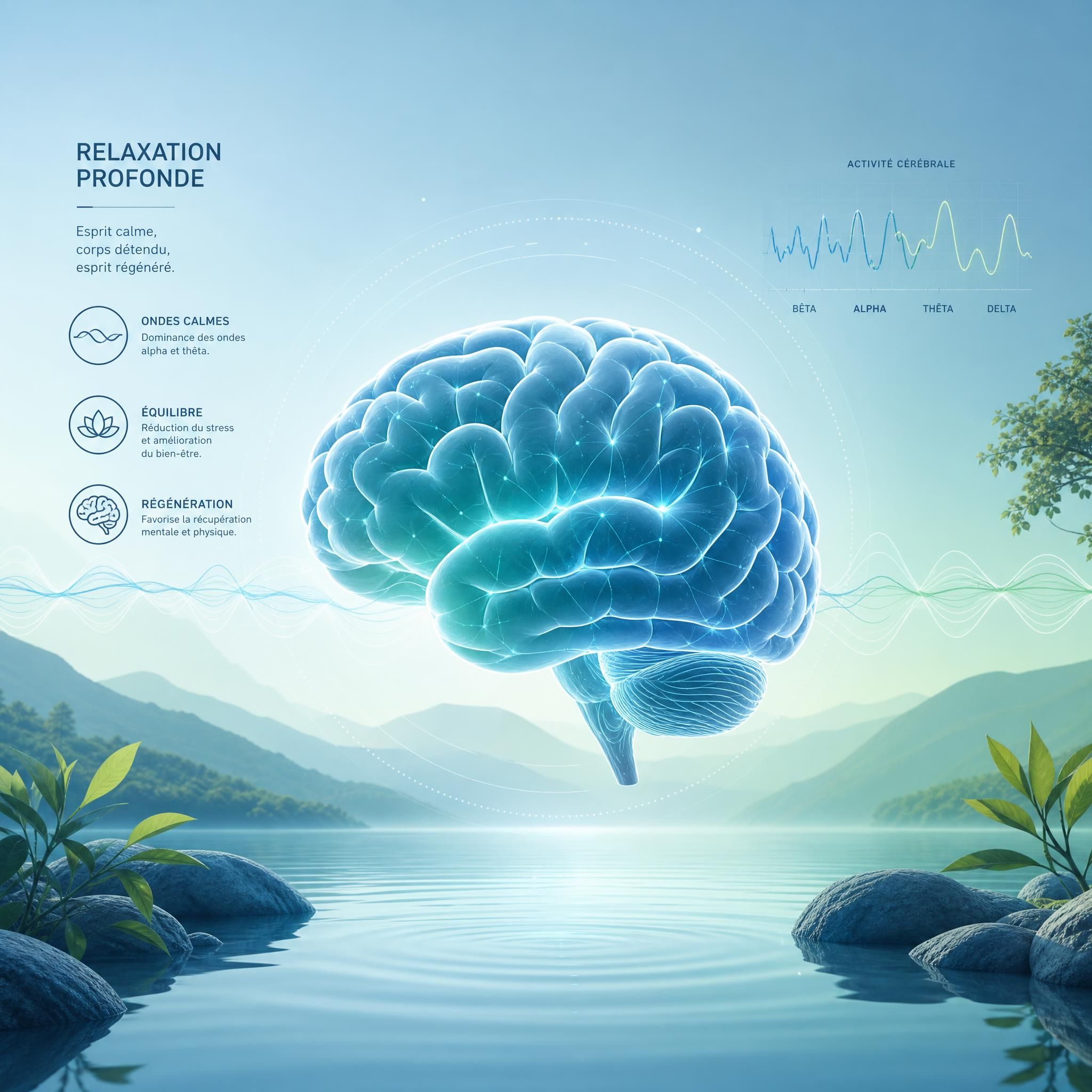 Représentation visuelle d'un cerveau en état de relaxation profonde, ondes calmes, tons bleus et verts doux, ambiance scientifique et apaisante — plan large illustratif