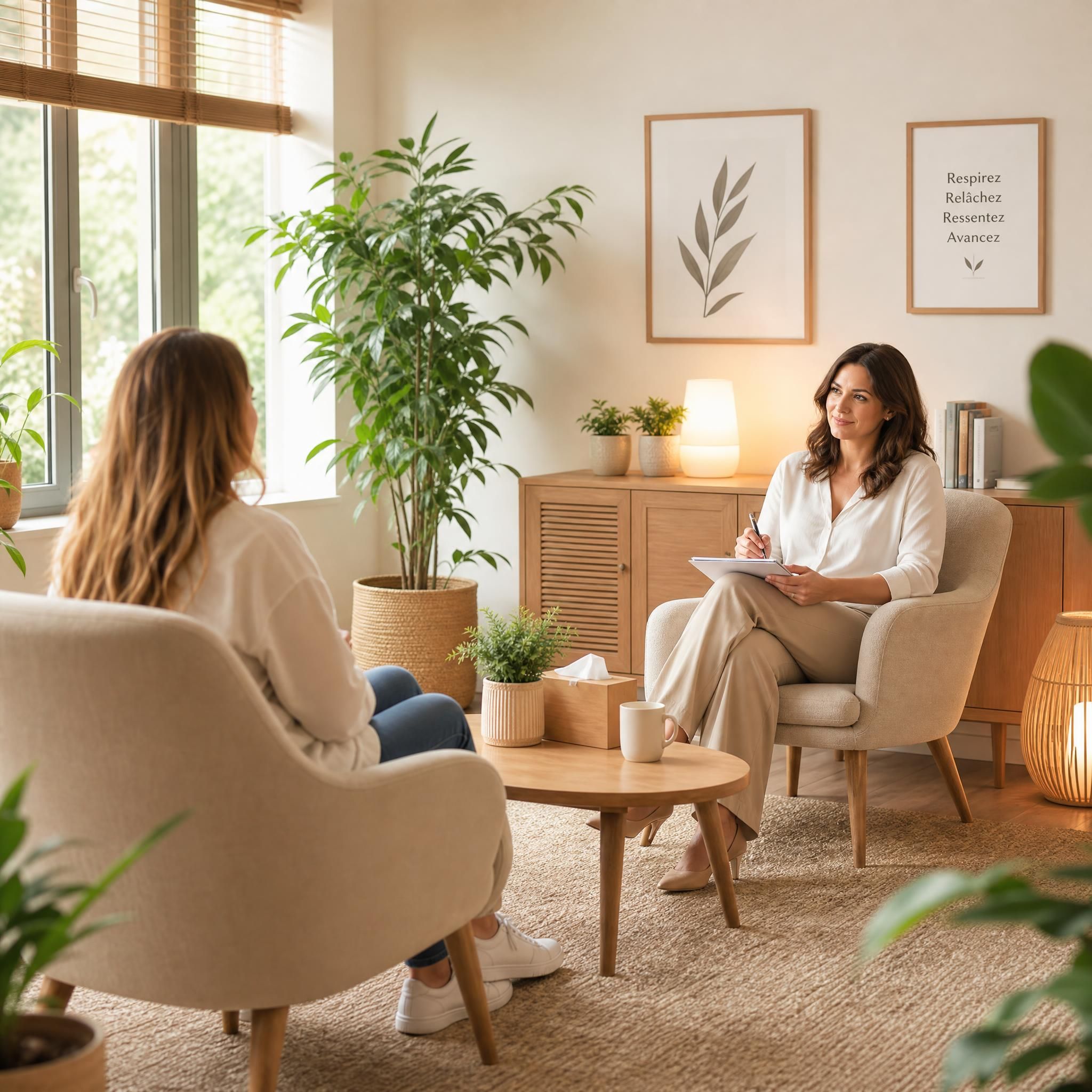 Hypnothérapeute professionnelle en cabinet, assise face à un patient dans un espace chaleureux aux tons beige et bois clair avec plantes vertes, lumière naturelle douce, ambiance bienveillante et sereine, plan large