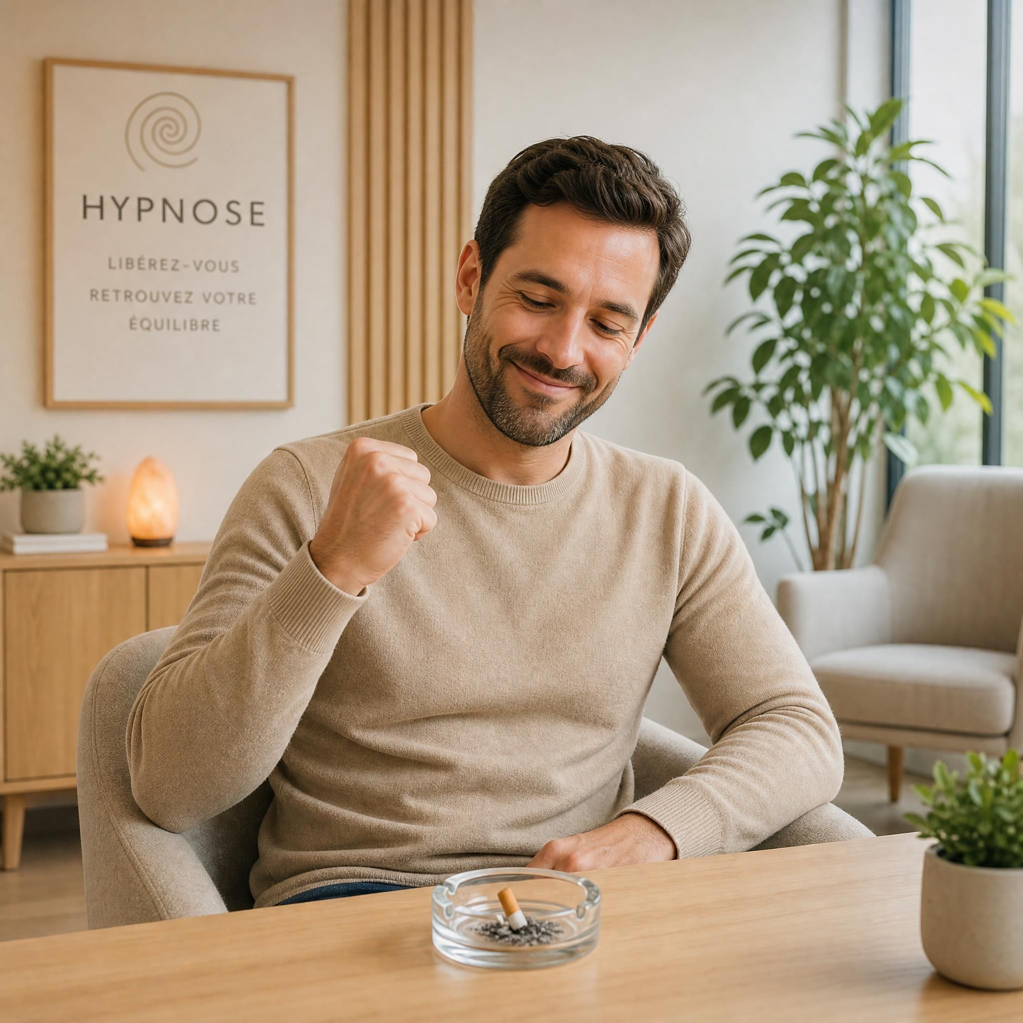 Un homme souriant qui regarde une cigarette écrasée dans un cendrier, expression de liberté et de fierté, cabinet d'hypnose moderne aux tons beige et bois clair, lumière naturelle douce, plan moyen