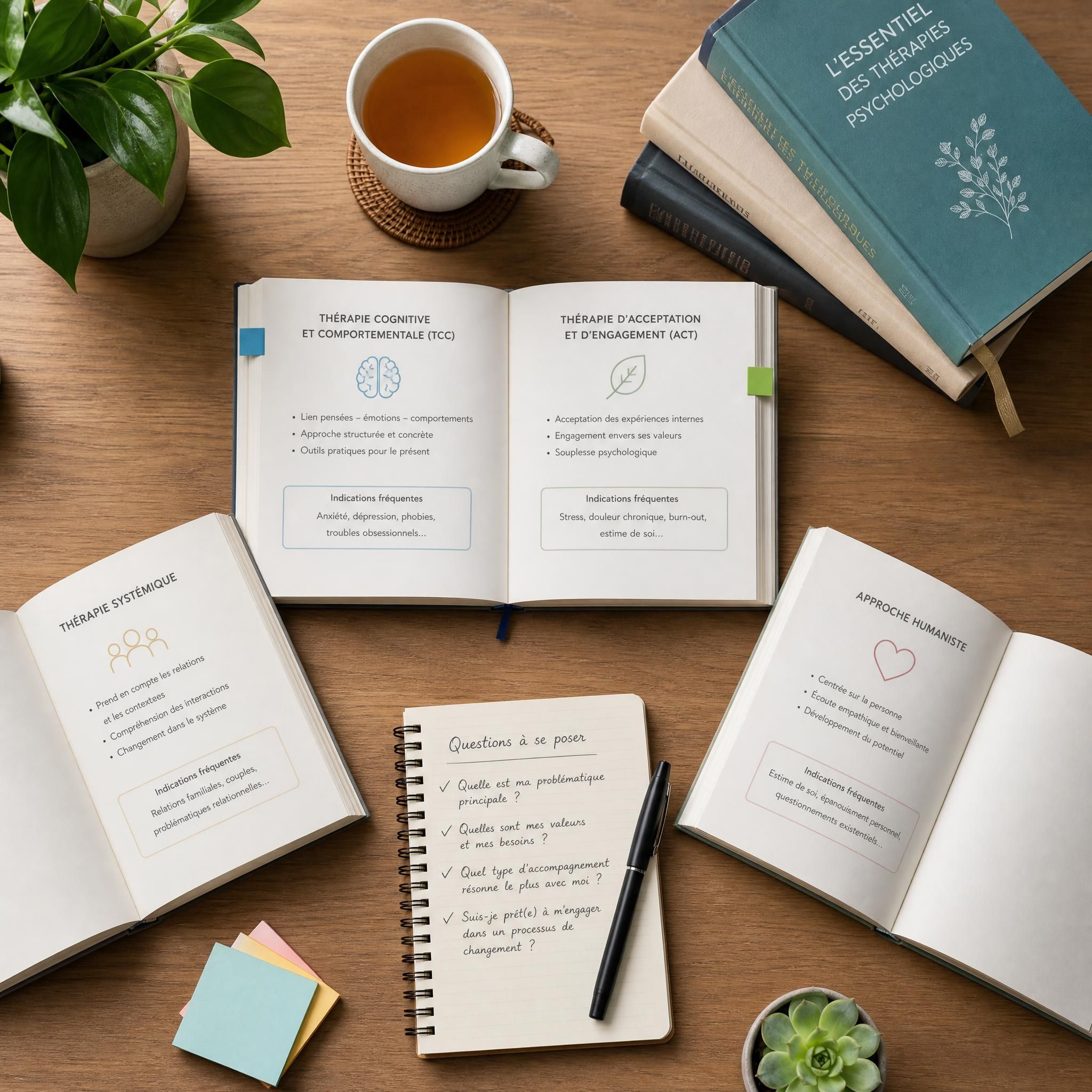 Vue aérienne d'un bureau avec plusieurs livres ouverts, un carnet de notes et une tasse de thé, symbolisant la réflexion et le choix d'une approche thérapeutique adaptée