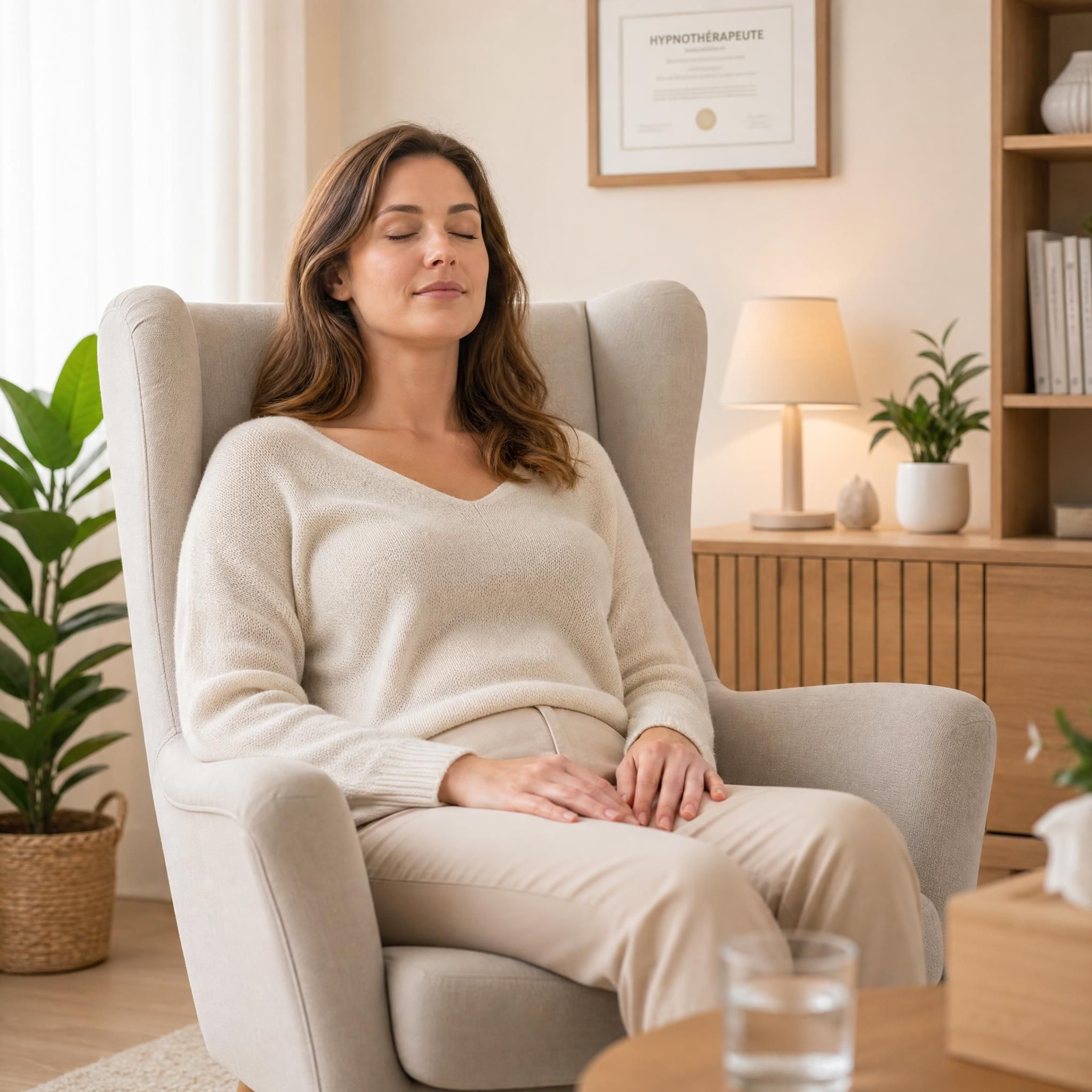 Personne détendue dans un fauteuil confortable d'un cabinet d'hypnose, yeux fermés, expression apaisée, mains posées sur les genoux, lumière naturelle douce, tons beige et bois clair, plan moyen