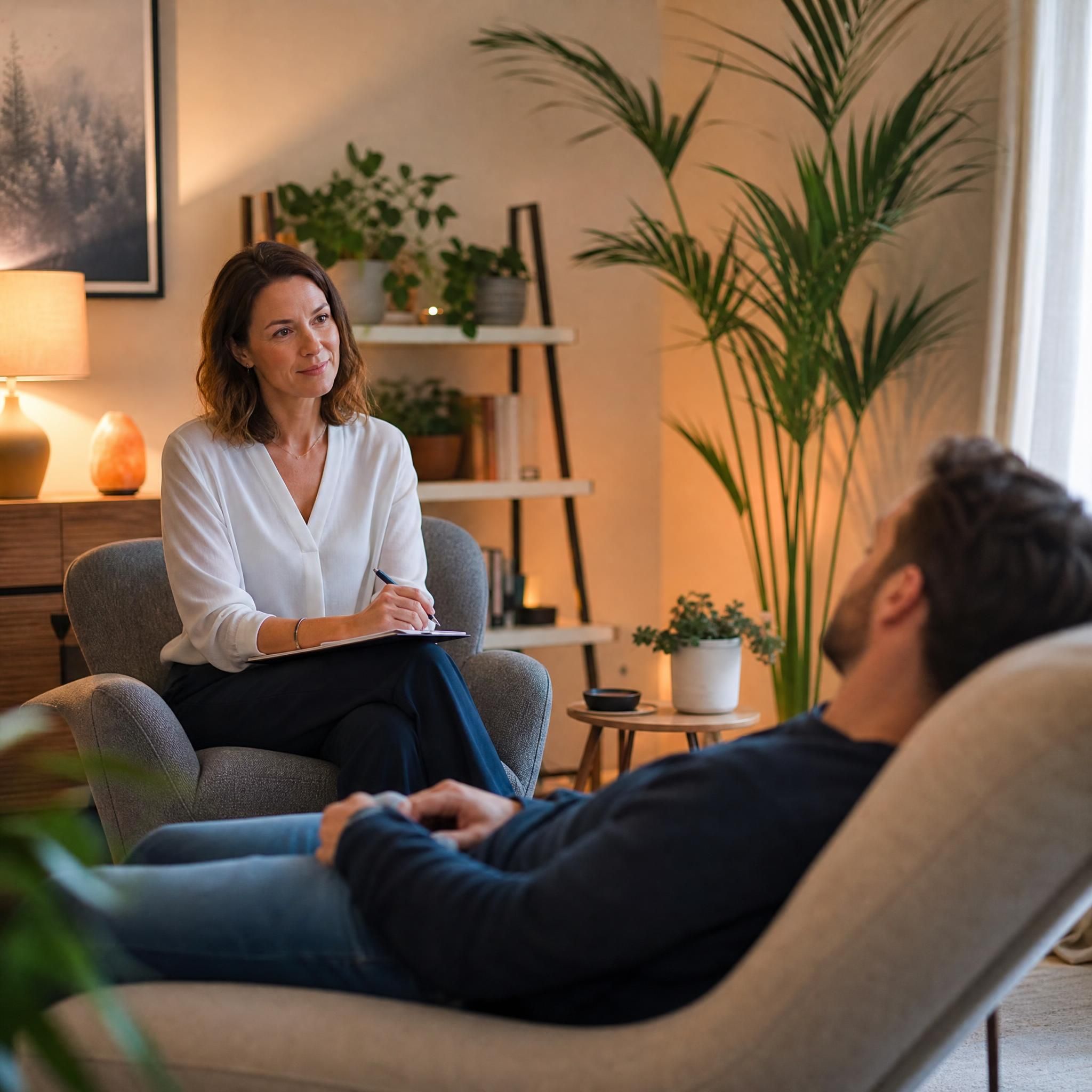 Hypnothérapeute et client en séance dans un cabinet chaleureux, praticienne à l'écoute, ambiance bienveillante et sécurisante, lumière douce, plantes vertes en arrière-plan
