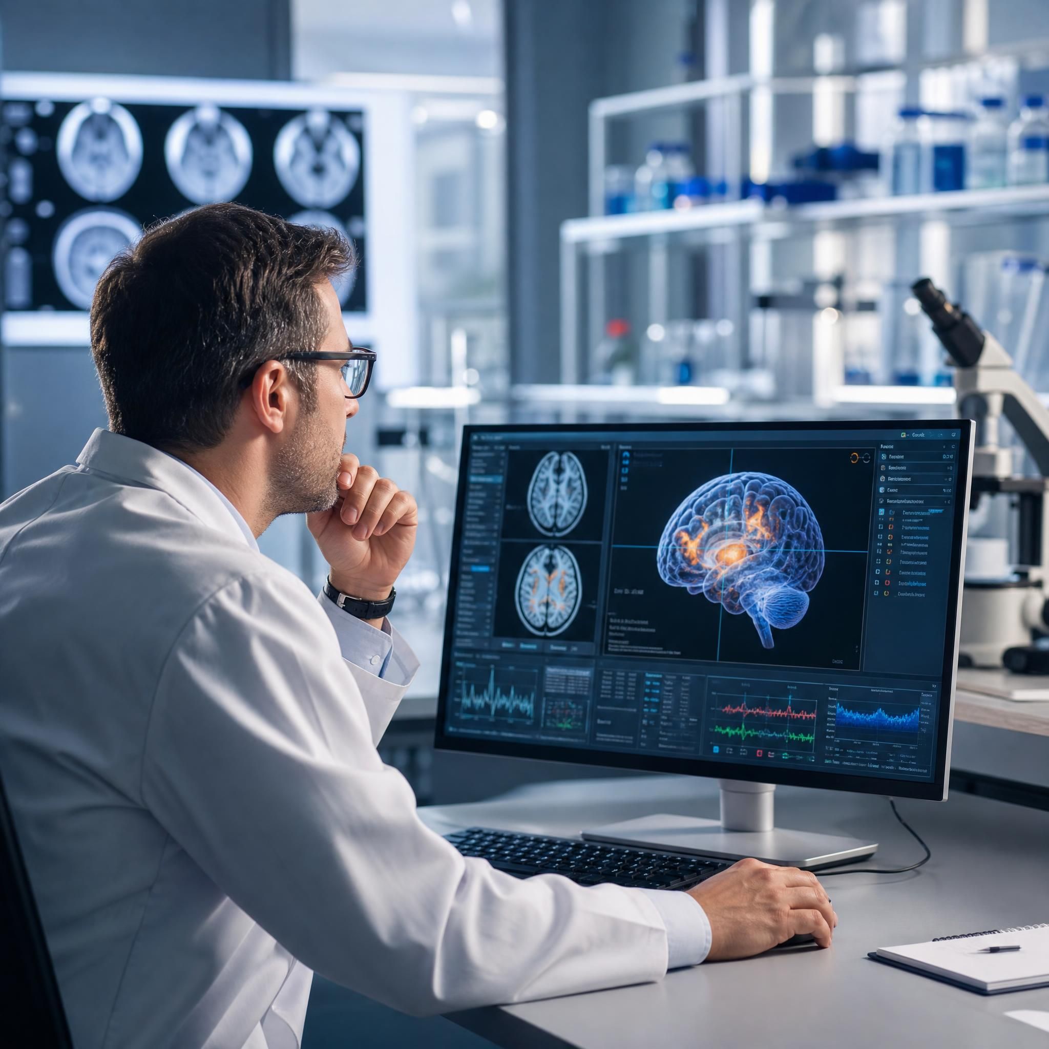 Chercheur ou expert en neurosciences observant des données d'imagerie cérébrale sur écran dans un laboratoire moderne, éclairage professionnel, ambiance de découverte scientifique sérieuse