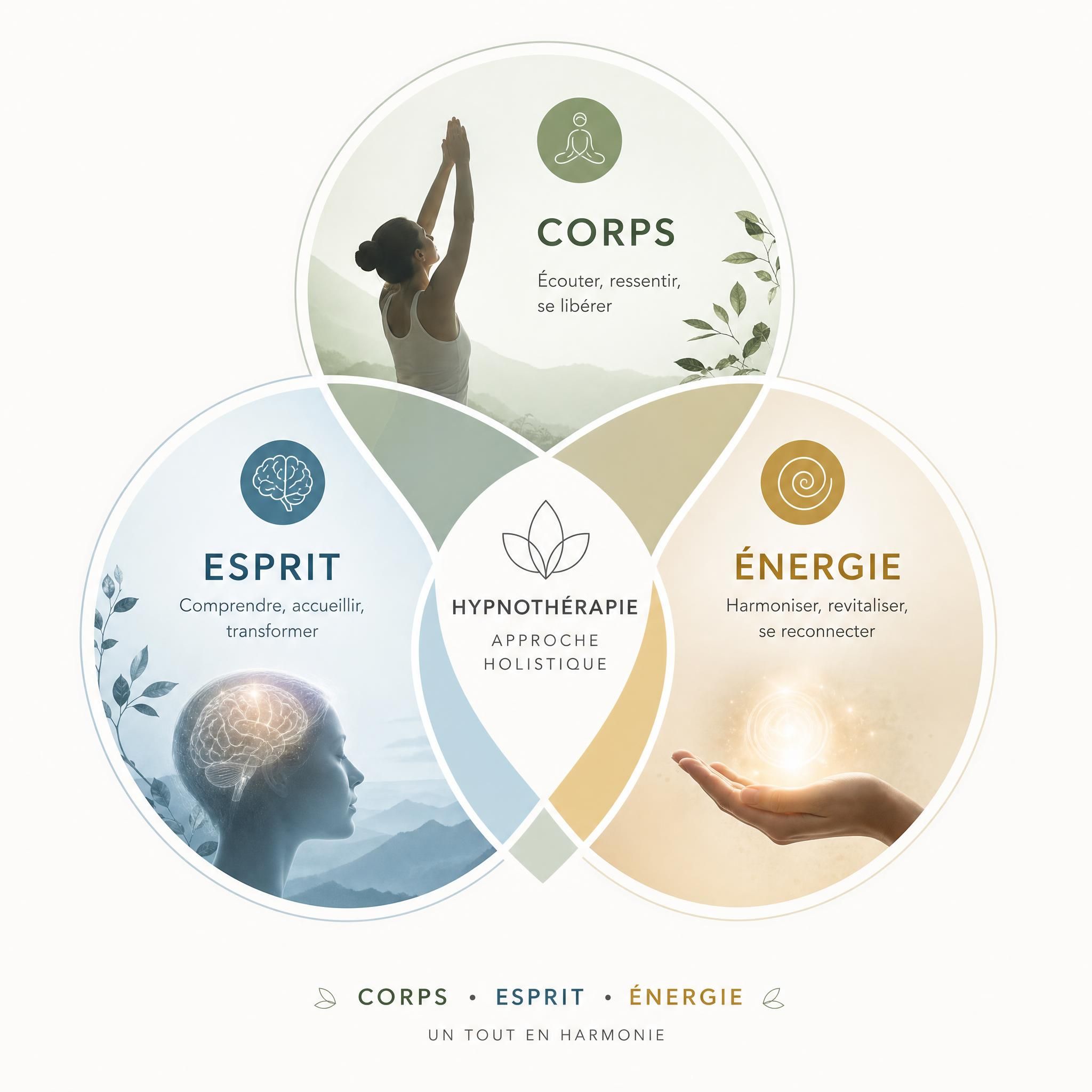 Illustration symbolique des trois dimensions corps-esprit-énergie, cercles interconnectés représentant l'approche holistique de l'hypnothérapie