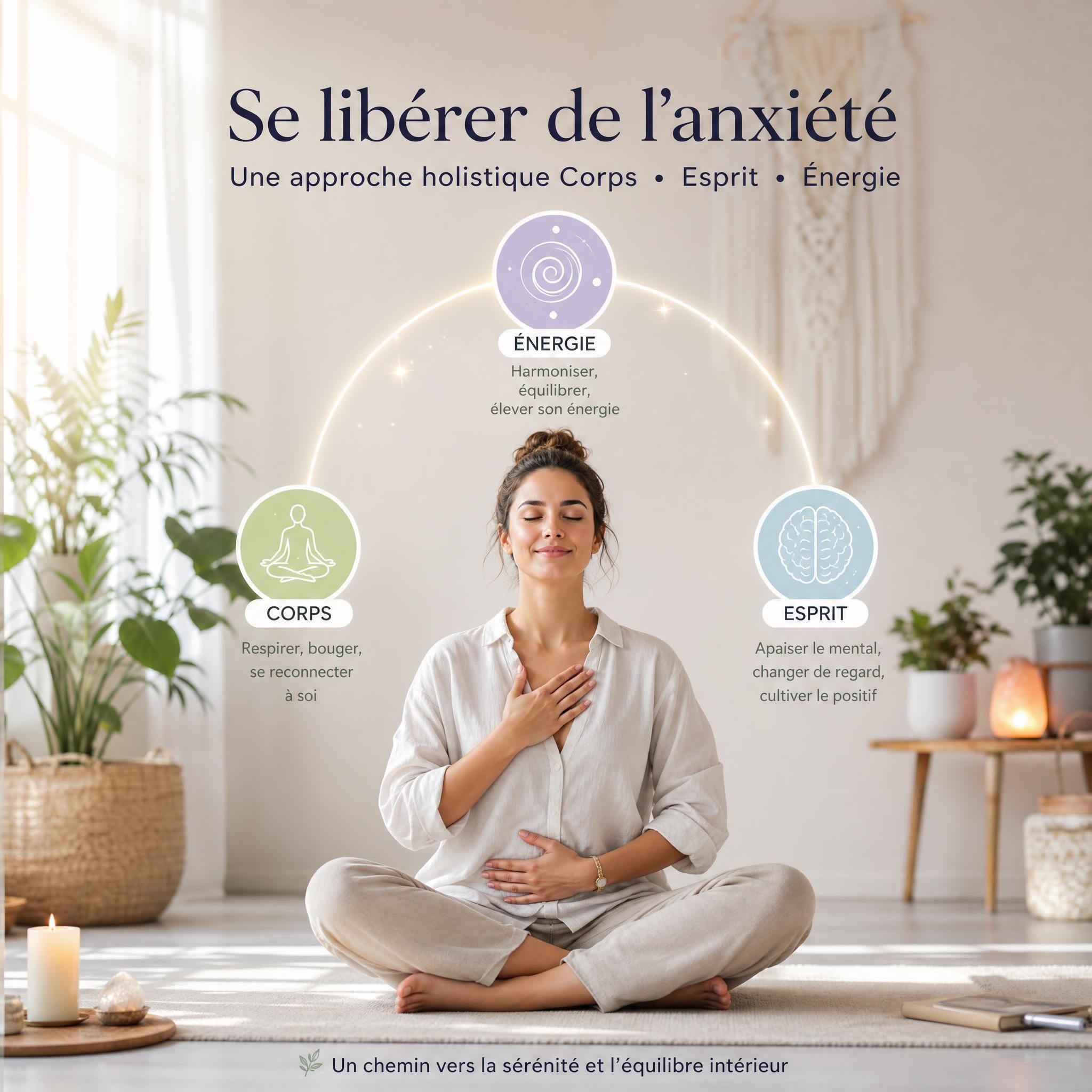 Femme sereine assise dans un espace lumineux, représentant la libération de l'anxiété grâce à une approche holistique corps-esprit-énergie