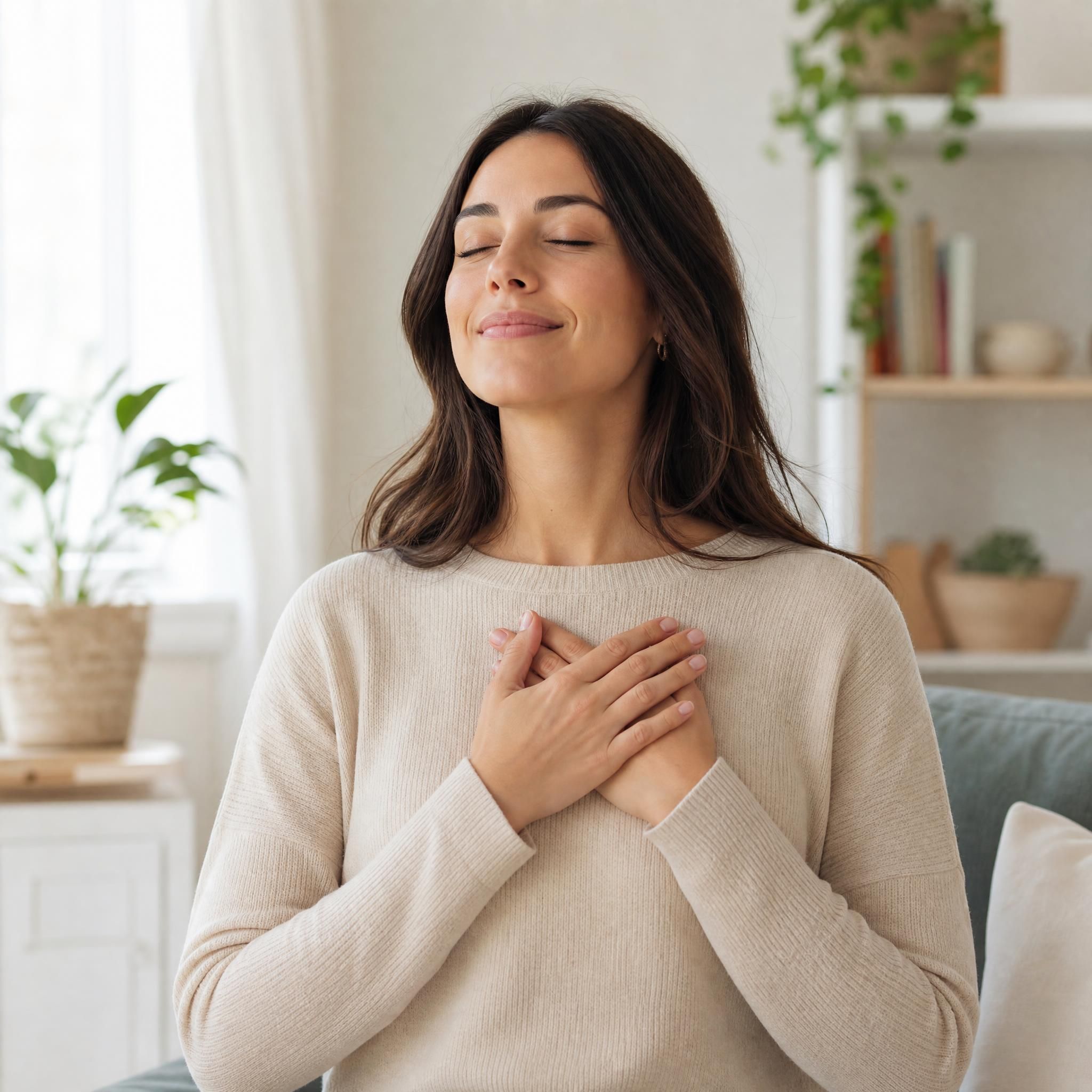 femme les mains sur le cœur, expression de soulagement et de paix intérieure, lumière naturelle douce