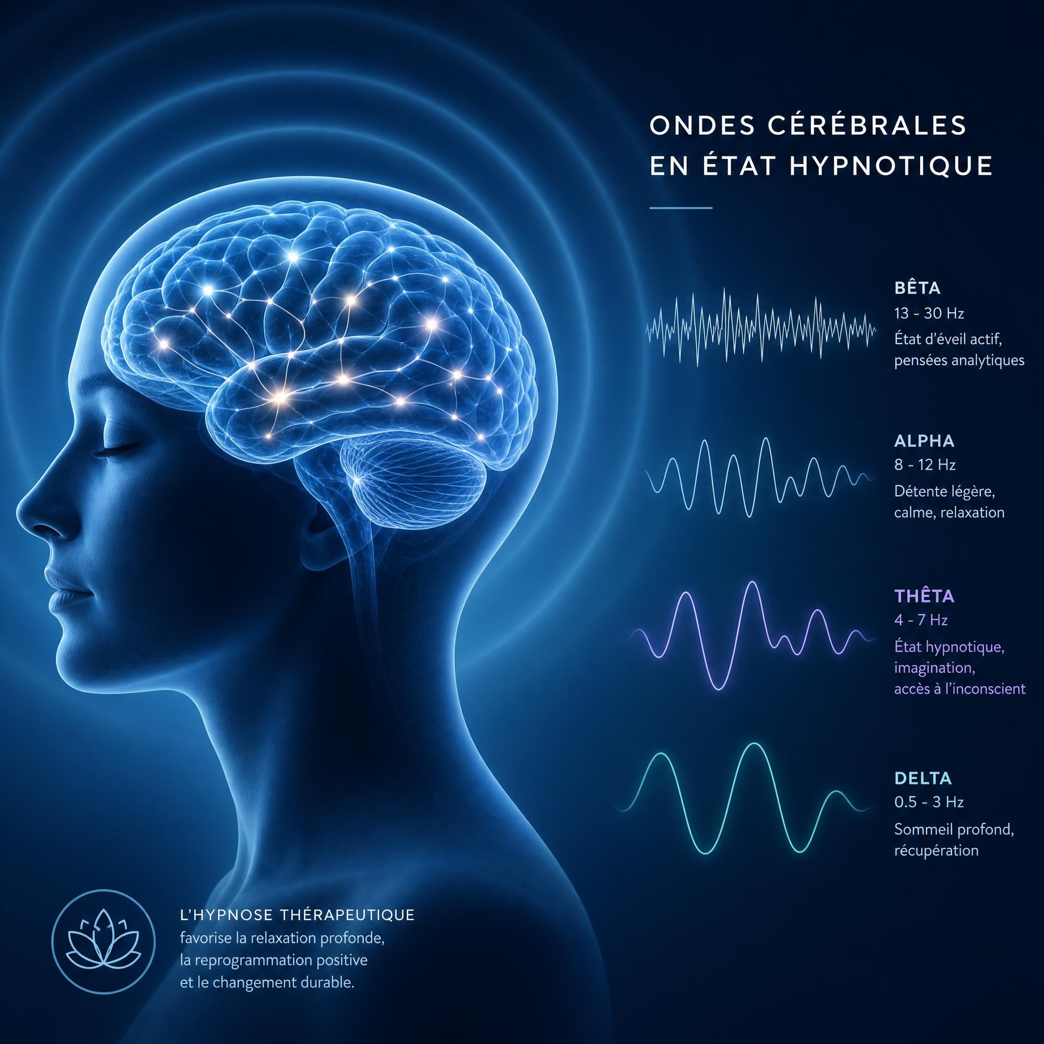 illustration cerveau et ondes cérébrales en état hypnotique, neurosciences et hypnose thérapeutique