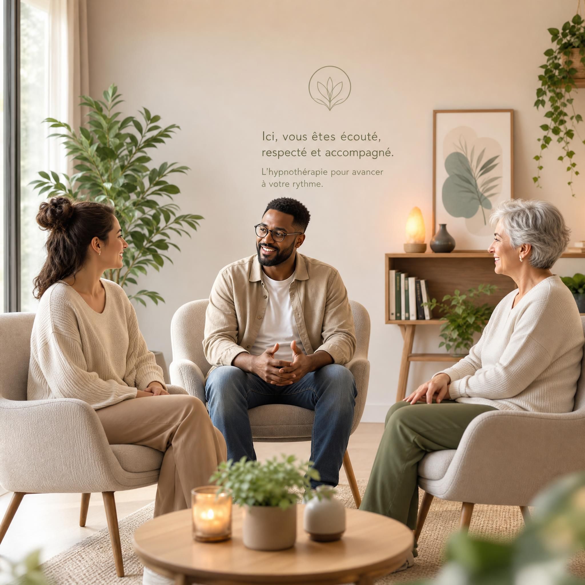trois personnes de profils différents dans un espace de soin bienveillant, symbolisant la diversité des personnes accompagnées en hypnothérapie