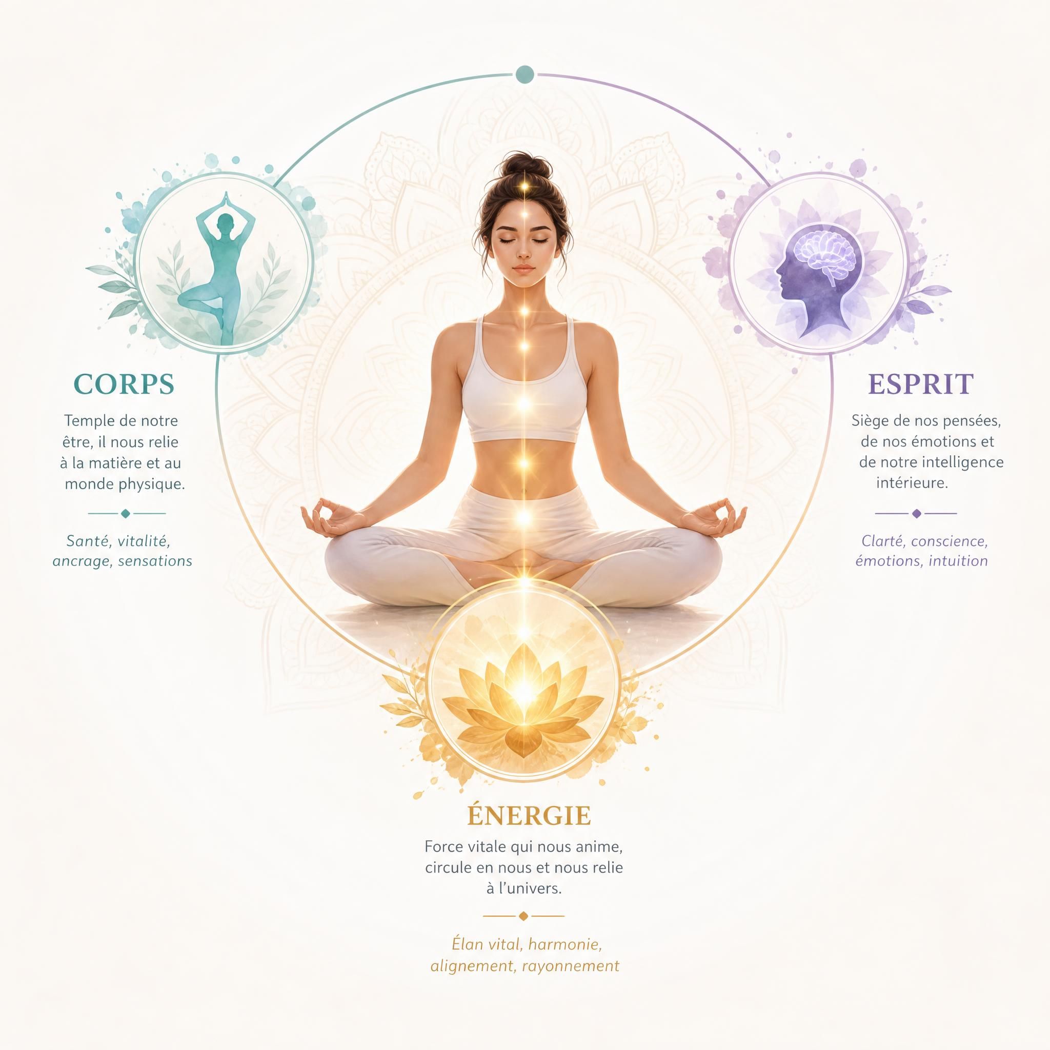 représentation symbolique des trois dimensions corps-esprit-énergie, mandala ou illustration holistique douce et lumineuse