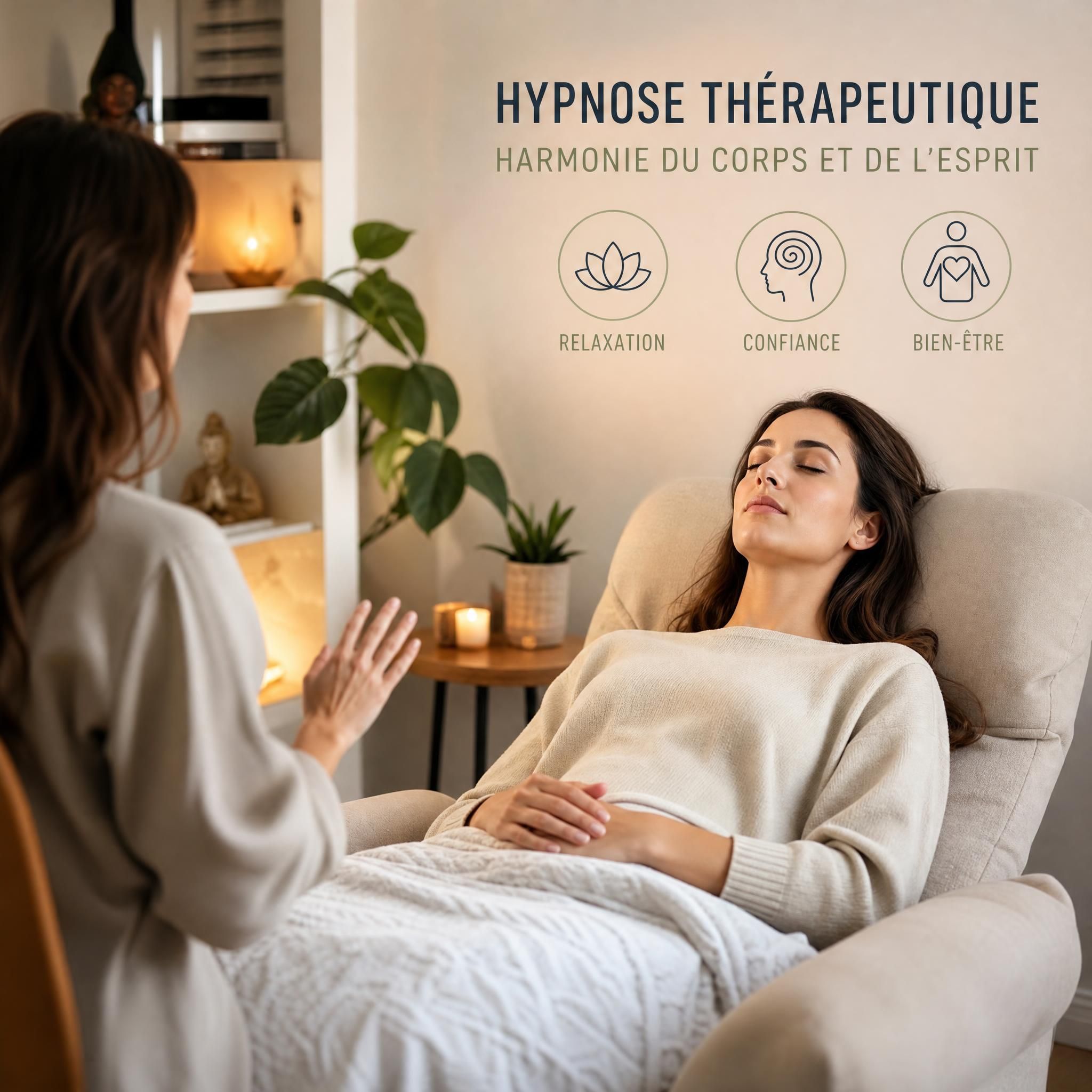 Femme en état de relaxation profonde lors d'une séance d'hypnose thérapeutique, lumière douce et apaisante, approche holistique corps-esprit