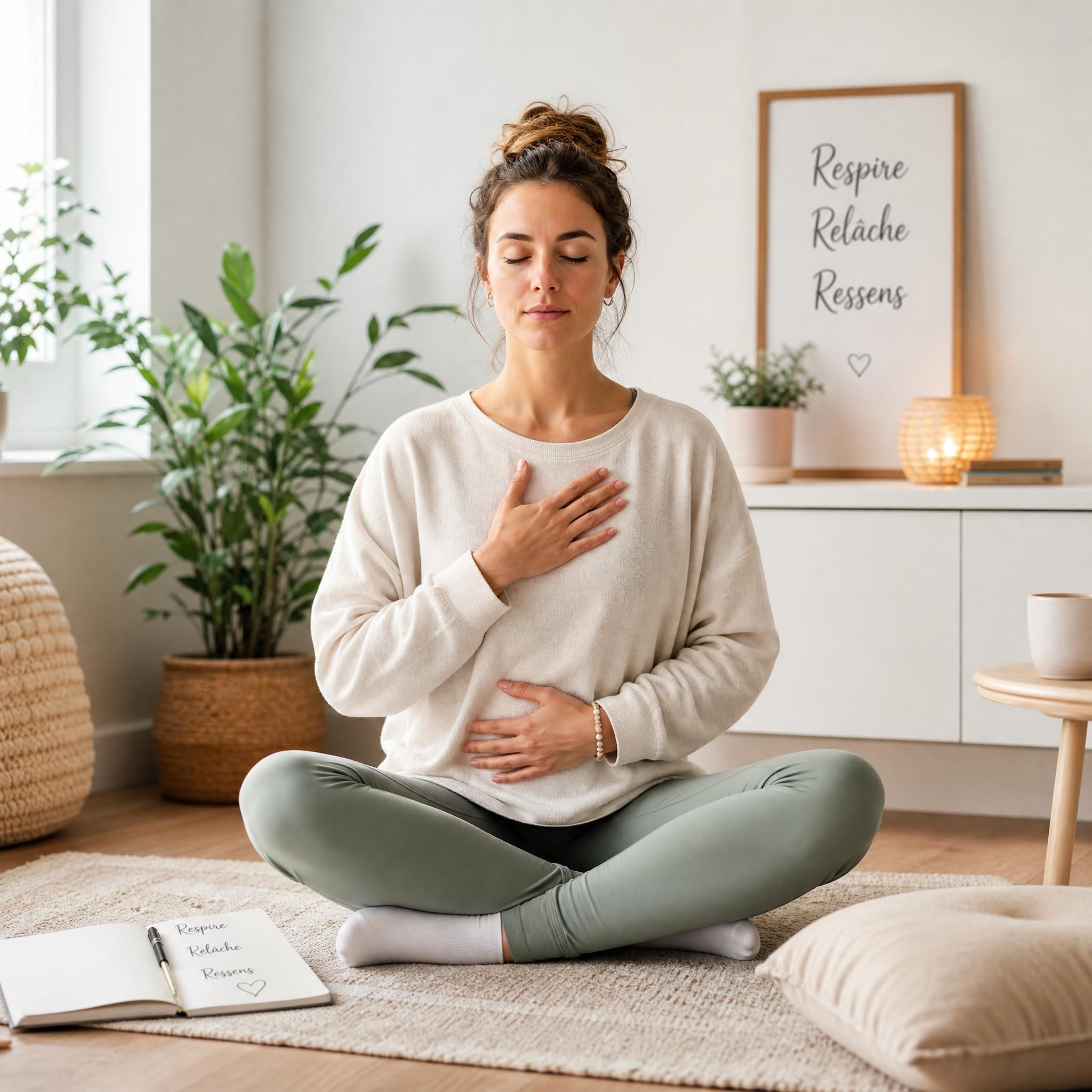 Femme pratiquant la respiration consciente et l'auto-hypnose chez elle, assise dans une posture détendue, lumière naturelle apaisante