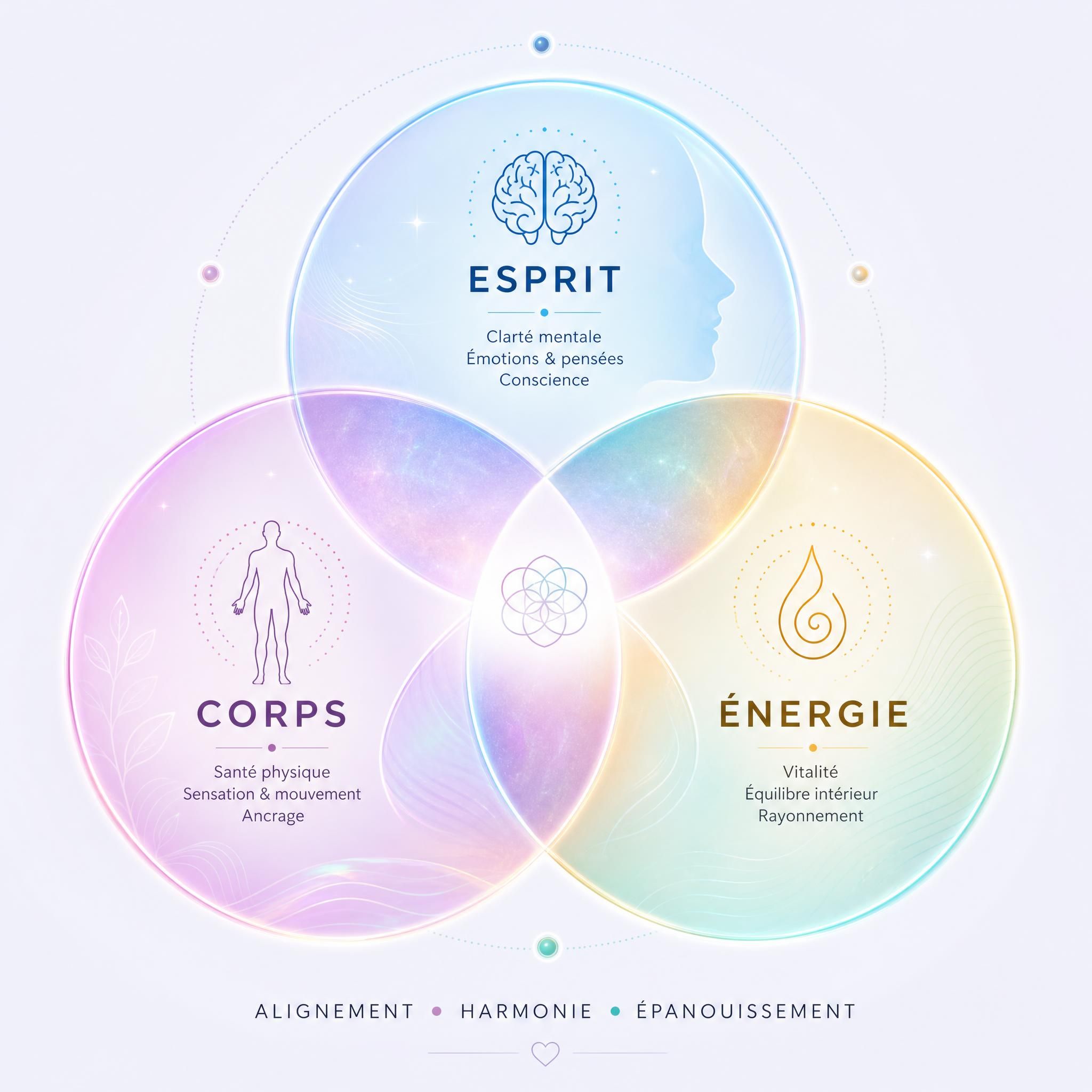 schéma illustrant les trois dimensions corps esprit énergie avec des cercles interconnectés, esthétique holographique et douce