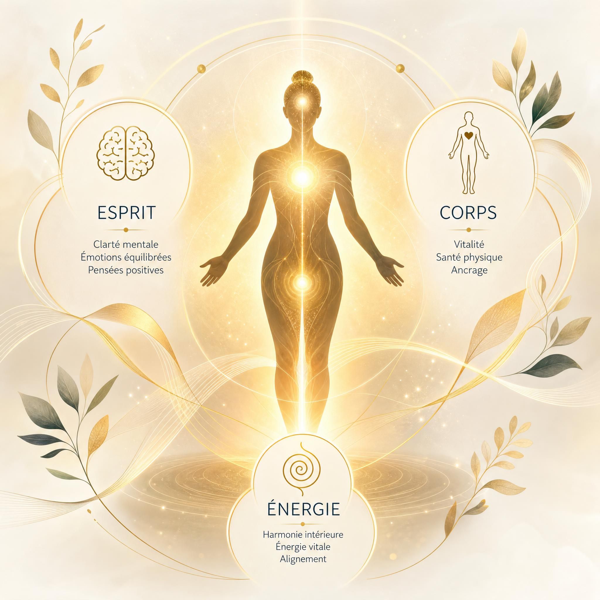 Illustration symbolique des trois dimensions corps-esprit-énergie, silhouette humaine entourée d'une lumière dorée et de formes organiques, représentant la cohérence intérieure et l'approche holistique