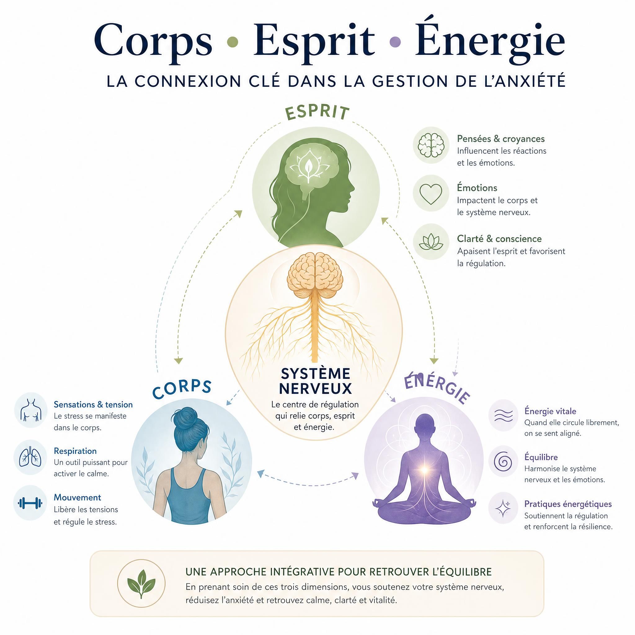 Schéma illustrant la connexion corps-esprit-énergie dans la gestion de l'anxiété, avec le système nerveux au centre