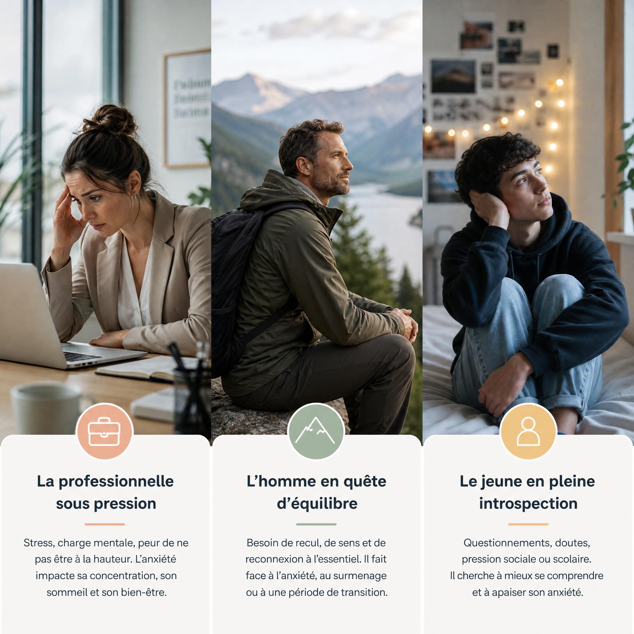 Trois personnes dans des situations de vie différentes illustrant les profils types qui consultent pour anxiété - femme au bureau, homme en nature, jeune adulte en introspection