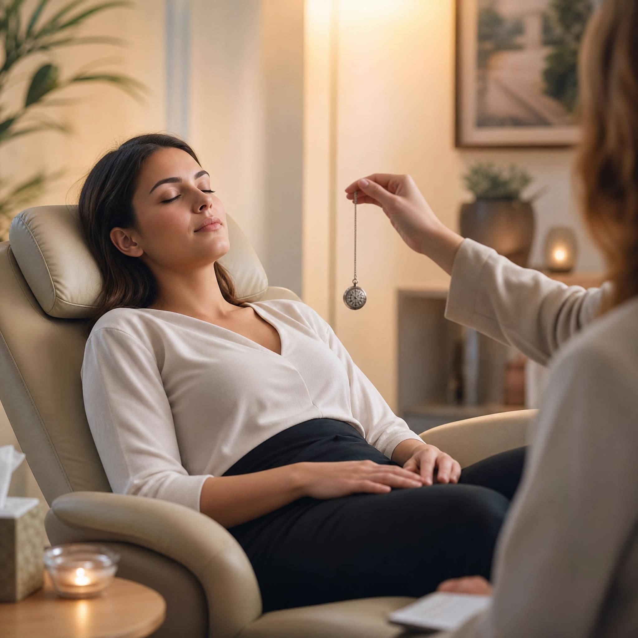 femme les yeux fermés en état de relaxation profonde lors d'une séance d'hypnose thérapeutique, lumière douce et apaisante