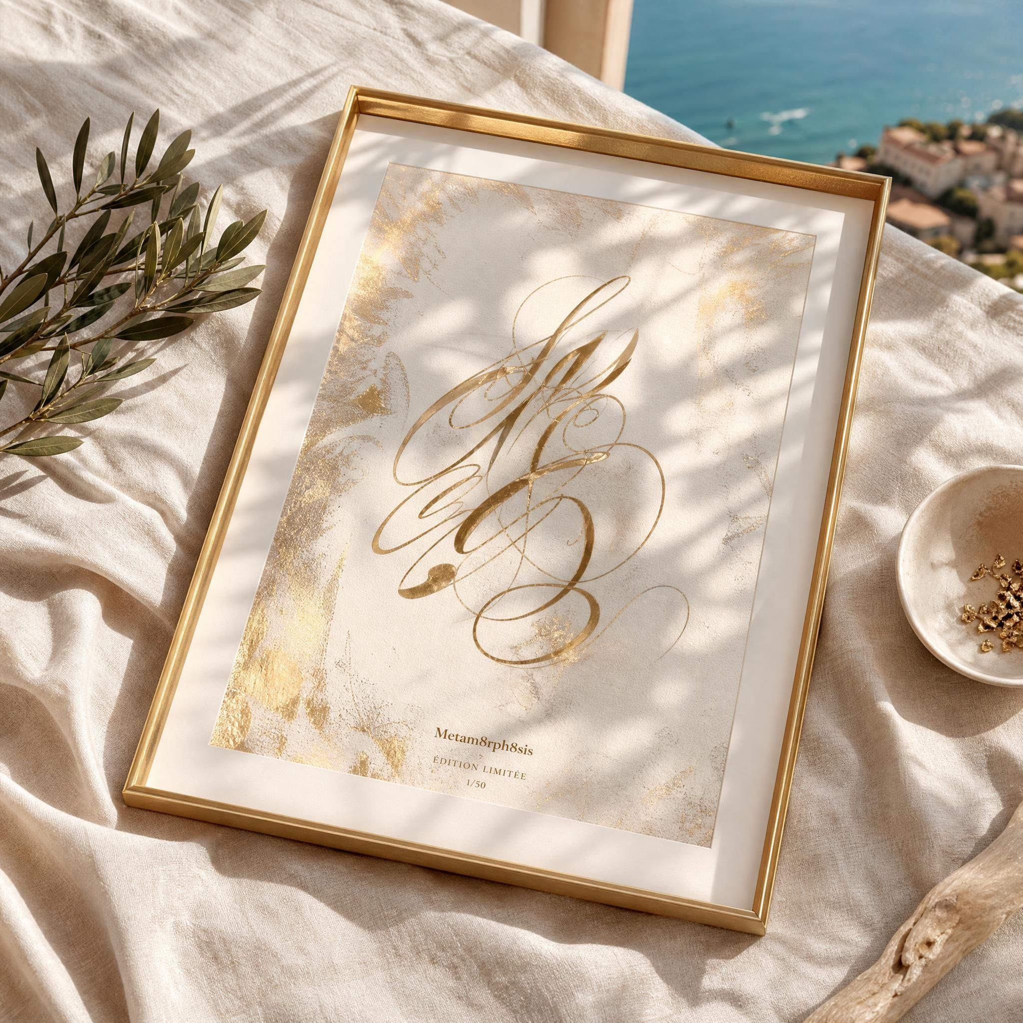 Lumière dorée de la Riviera française se reflétant sur une œuvre calligraphiée en édition limitée, posée sur un tissu de lin clair — art sensoriel méditerranéen Metam8rph8sis