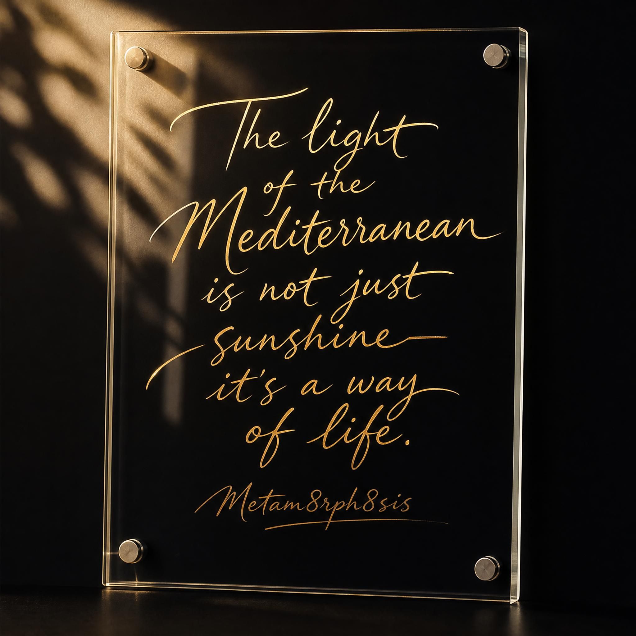 Sunlit Mediterranean calligraphy artwork on plexiglas by Metam8rph8sis, featuring handwritten letters illuminated by warm Riviera light against a deep black background