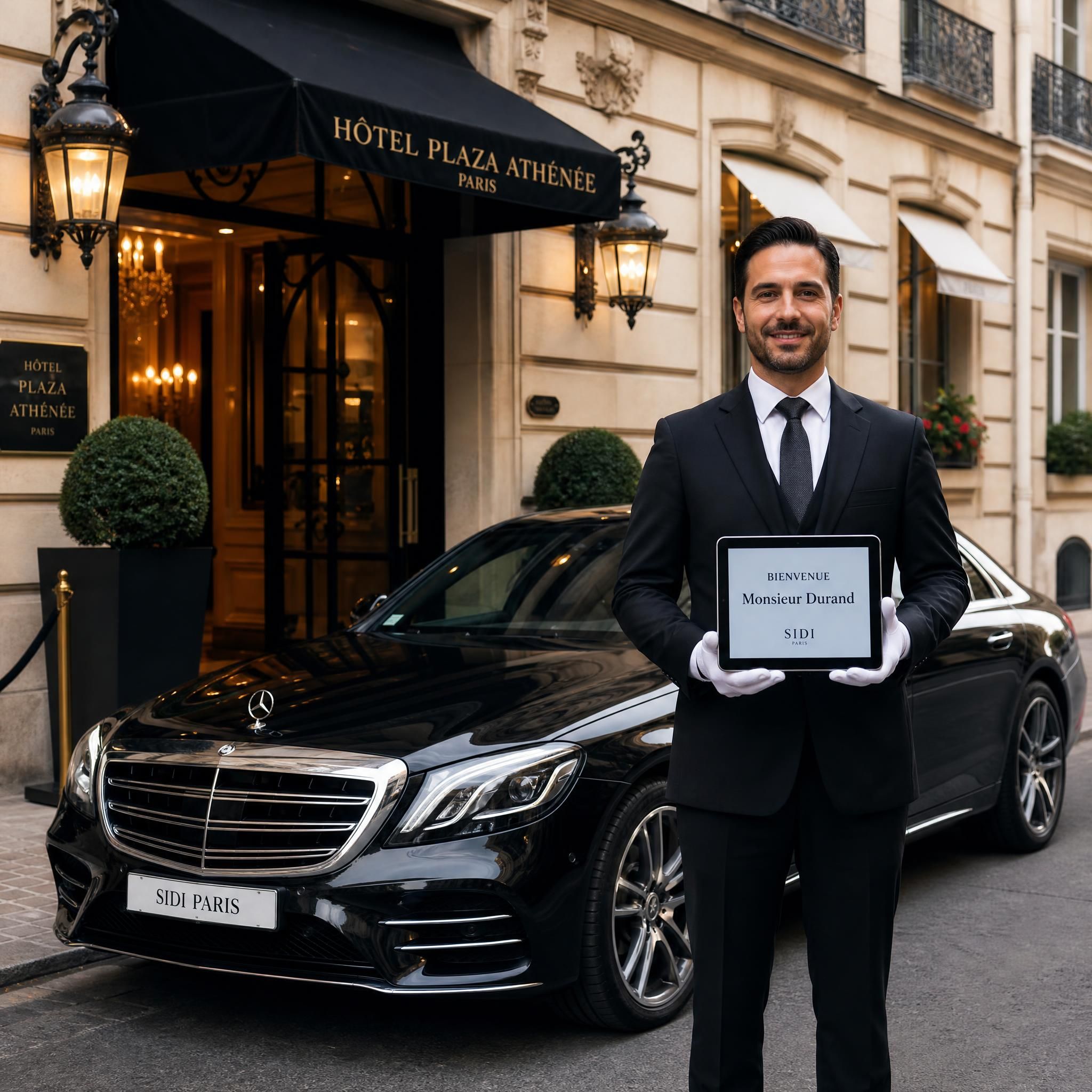 Berline Mercedes noire avec chauffeur professionnel en costume devant un hôtel de luxe parisien, accueil tablette nominative, service SIDI Paris