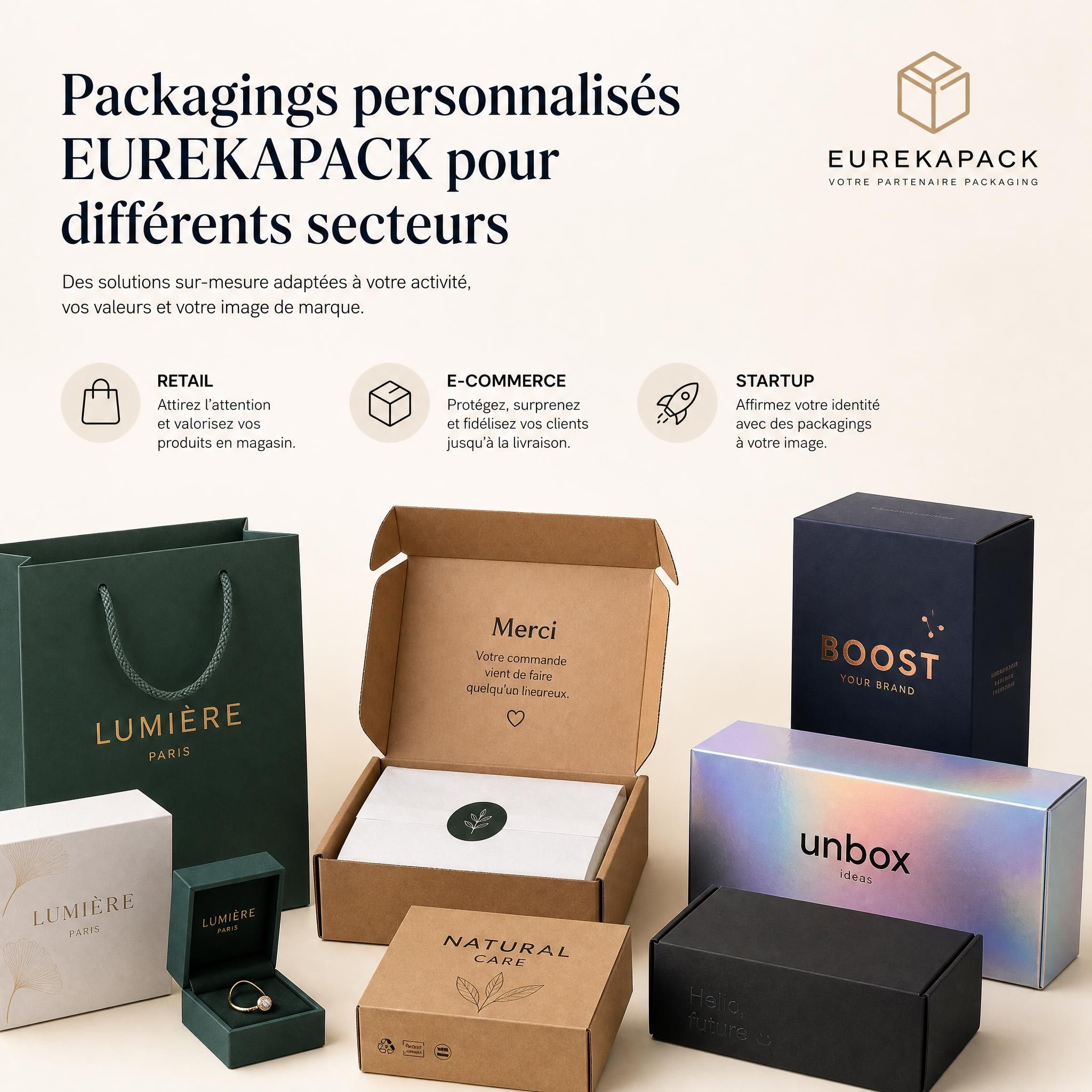 Packagings personnalisés EUREKAPACK pour différents secteurs — retail, e-commerce et startup, matériaux variés et finitions soignées visibles