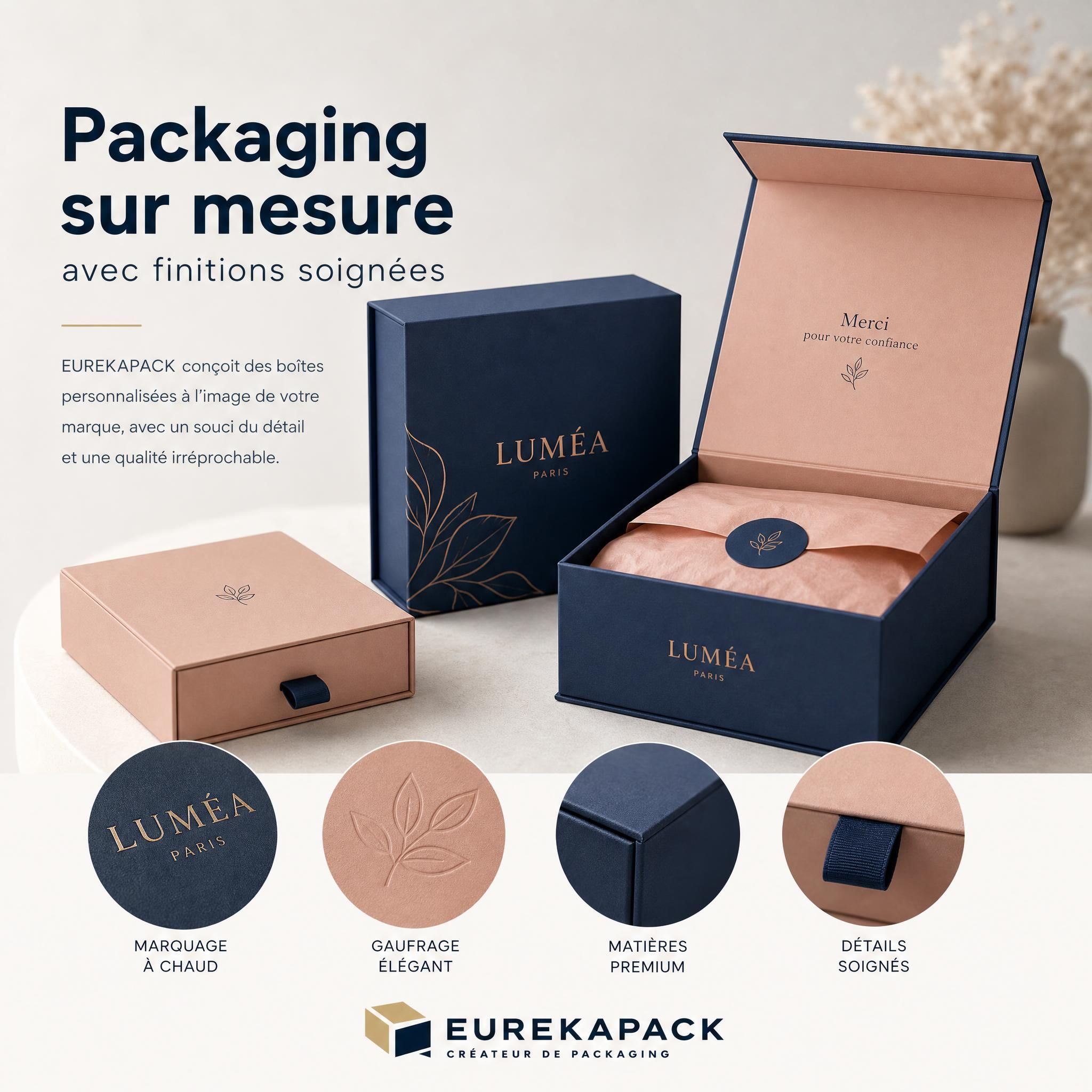 Packaging sur mesure avec finitions soignées — boîtes personnalisées EUREKAPACK aux couleurs d'une marque, détails premium visibles