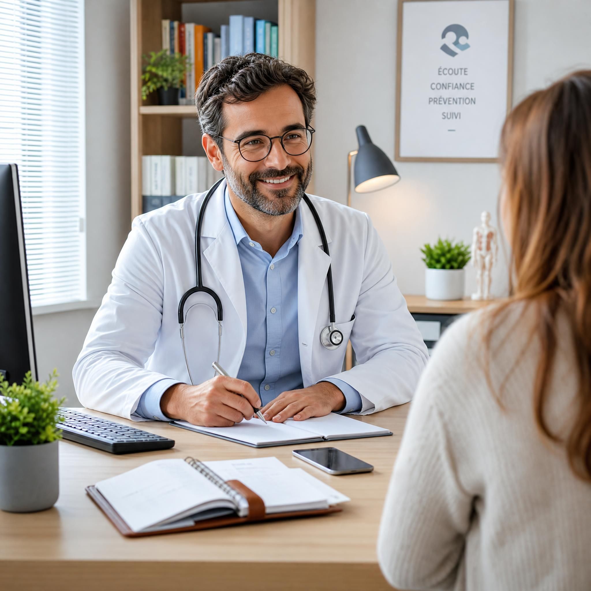 Médecin généraliste en consultation dans un cabinet médical moderne, téléphone et agenda sur le bureau, ambiance professionnelle et chaleureuse