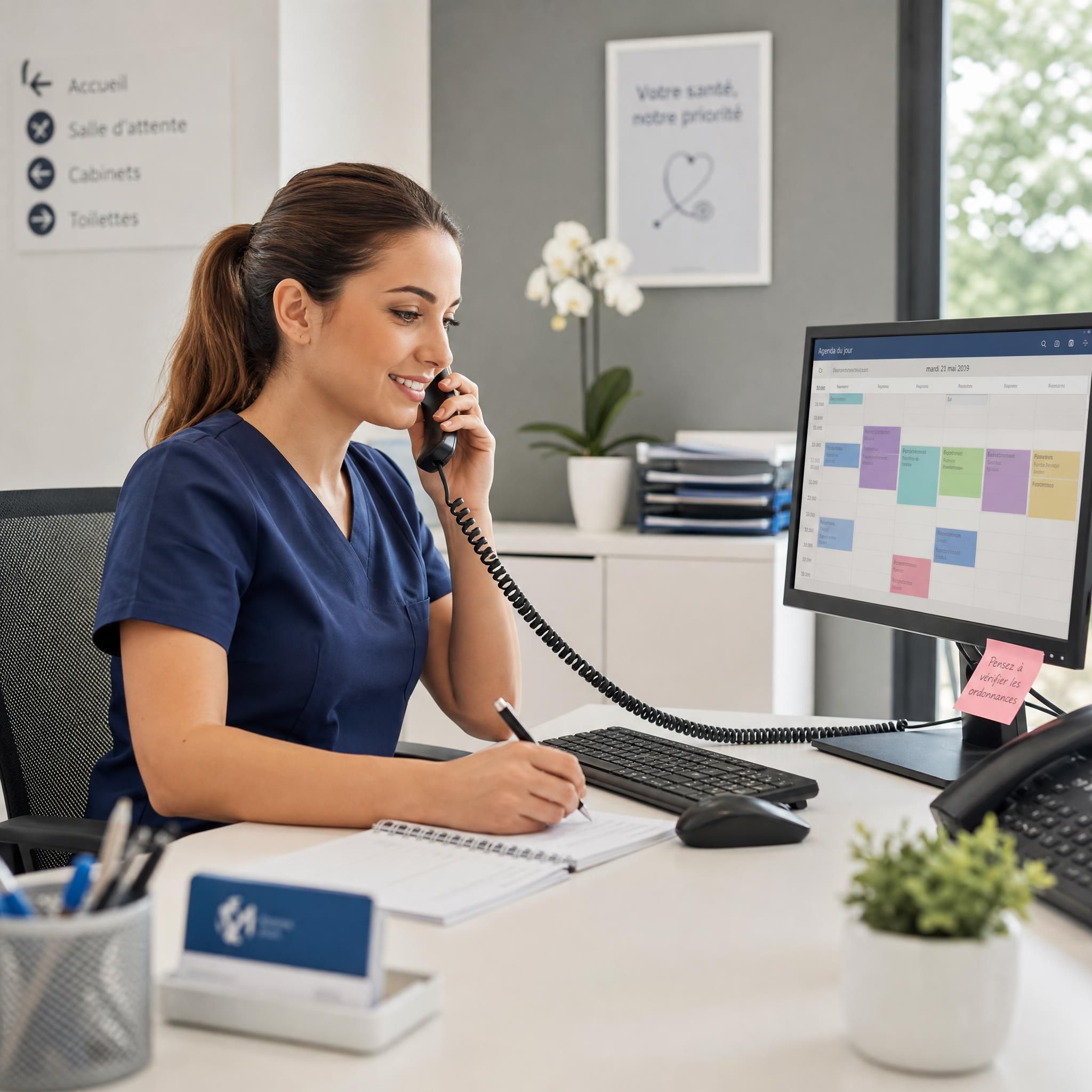Secrétaire médicale professionnelle au téléphone dans un cabinet médical, écran d'agenda médical visible, environnement de travail organisé