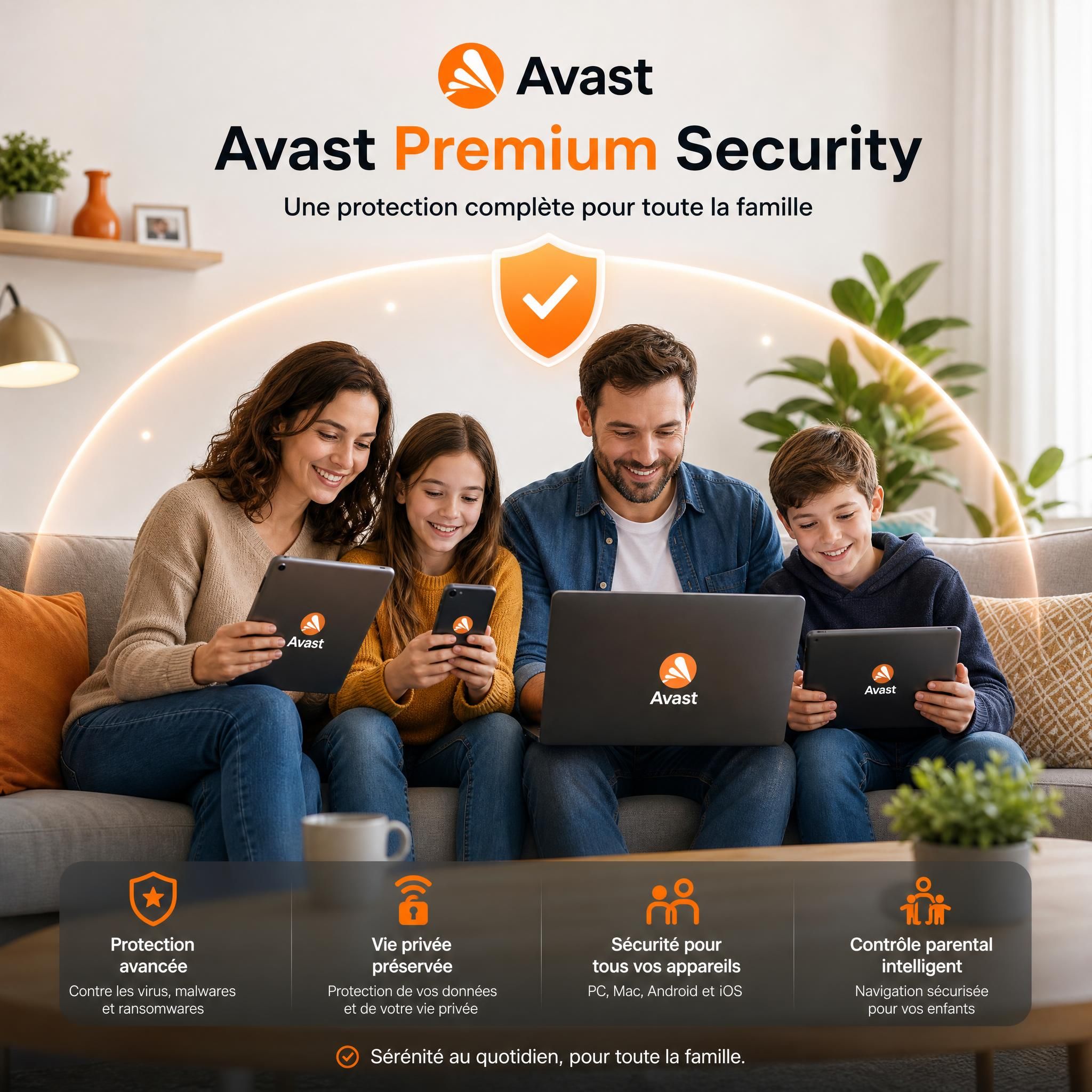 Famille française protégée par Avast Premium Security sur ordinateur, smartphone et tablette à la maison