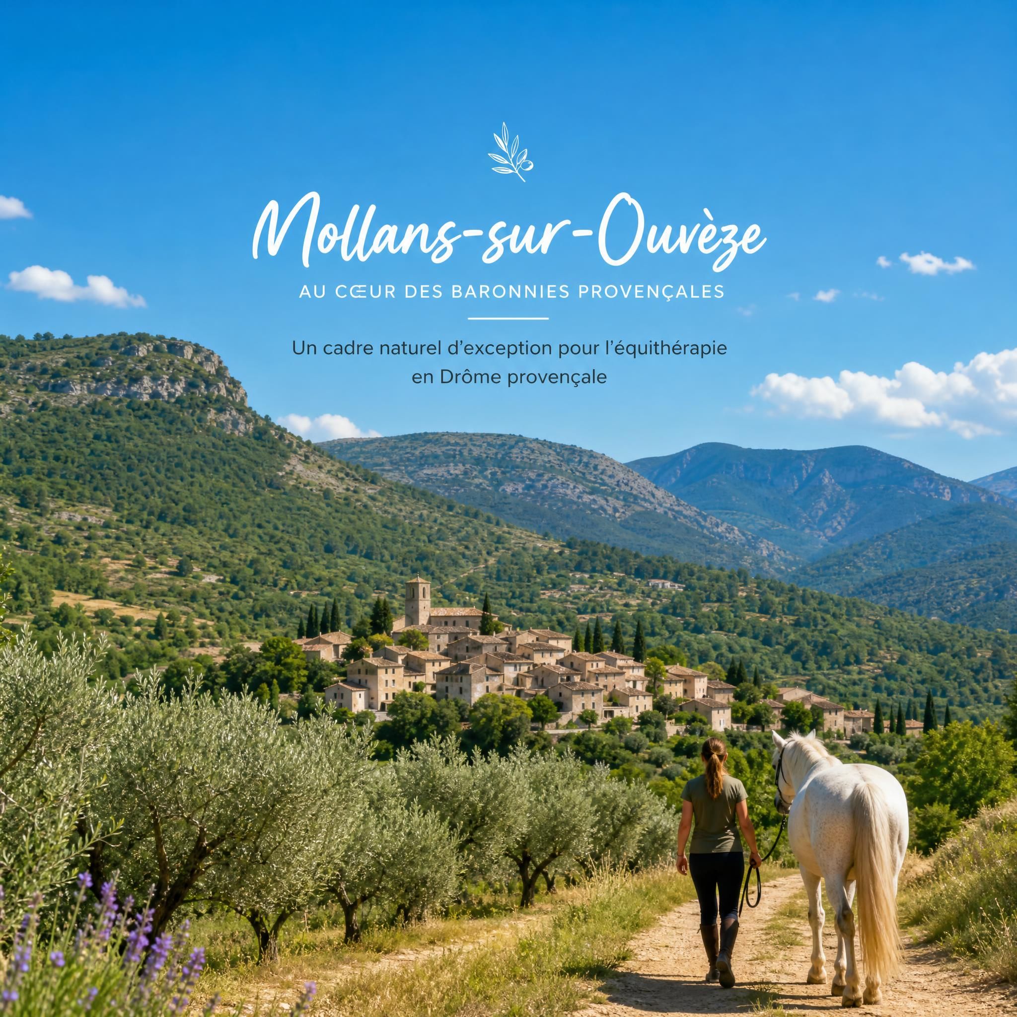 Paysage de Mollans-sur-Ouvèze au cœur des Baronnies provençales, collines, oliviers et ciel bleu provençal — cadre naturel de l'équithérapie en Drôme provençale