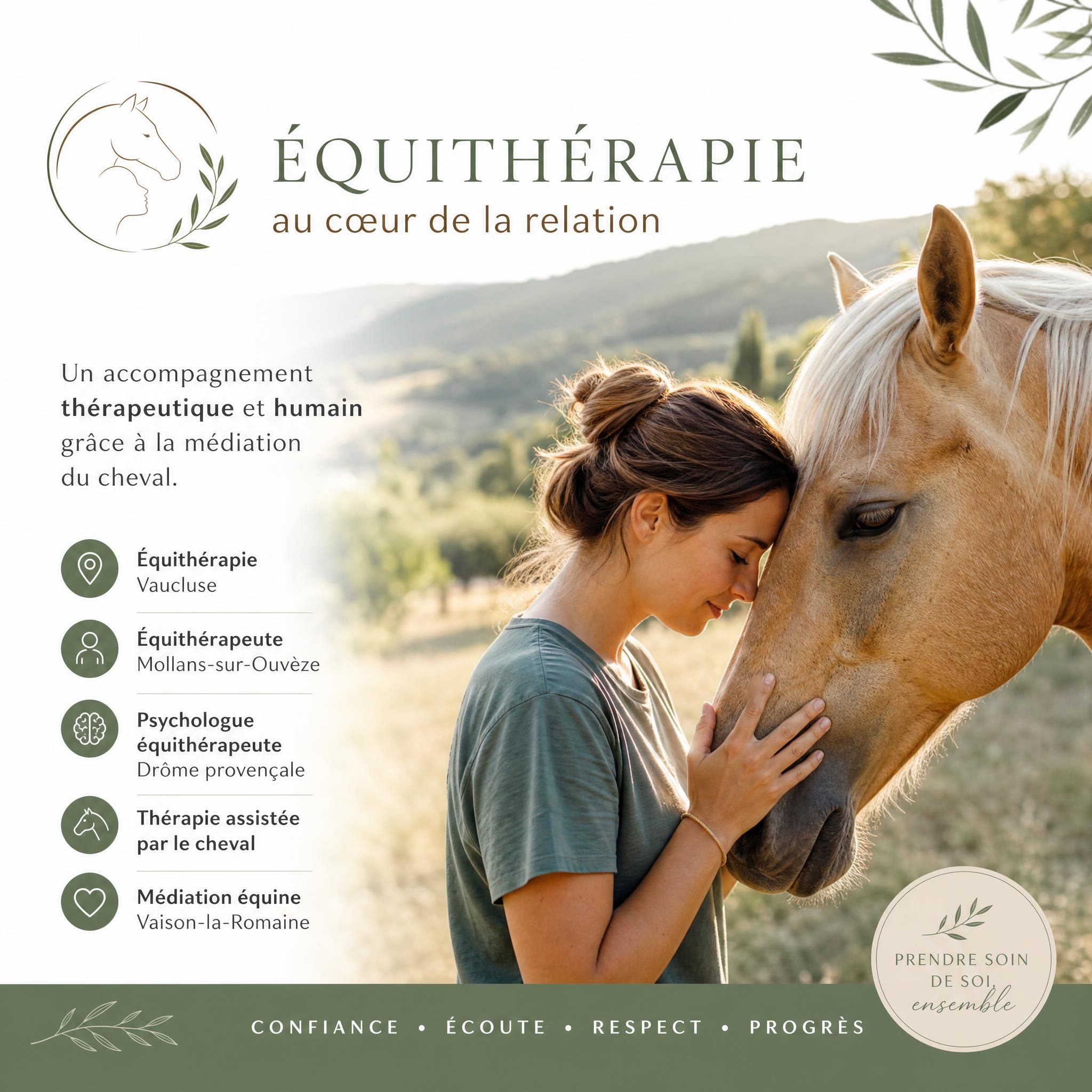 Équithérapie Vaucluse - Équithérapeute Mollans-sur-Ouvèze - Psychologue équithérapeute Drôme provençale - Thérapie assistée par le cheval - Médiation équine Vaison-la-Romaine