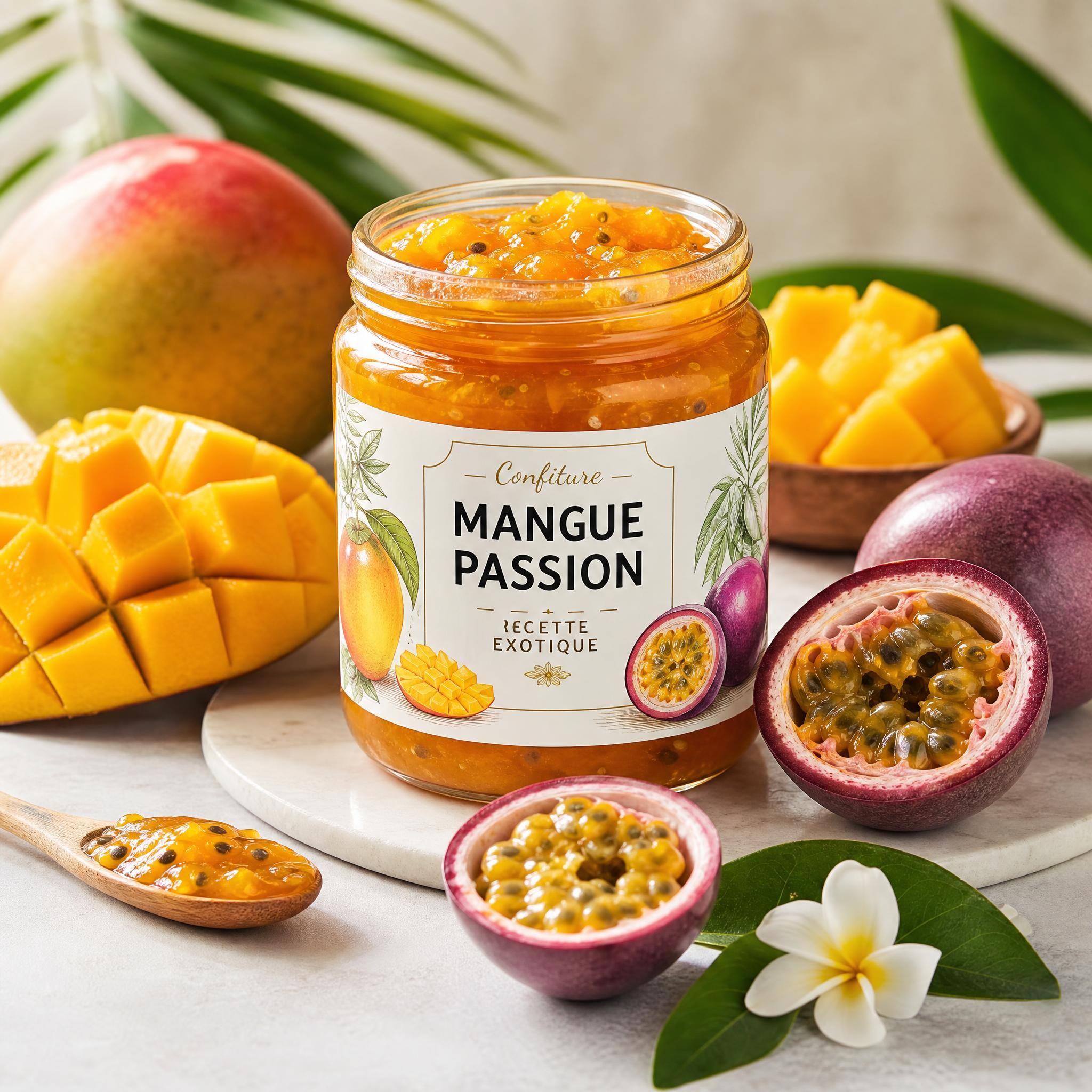 Pot de confiture exotique mangue-passion entouré d'ingrédients frais – recette originale confiture cuisine exotique
