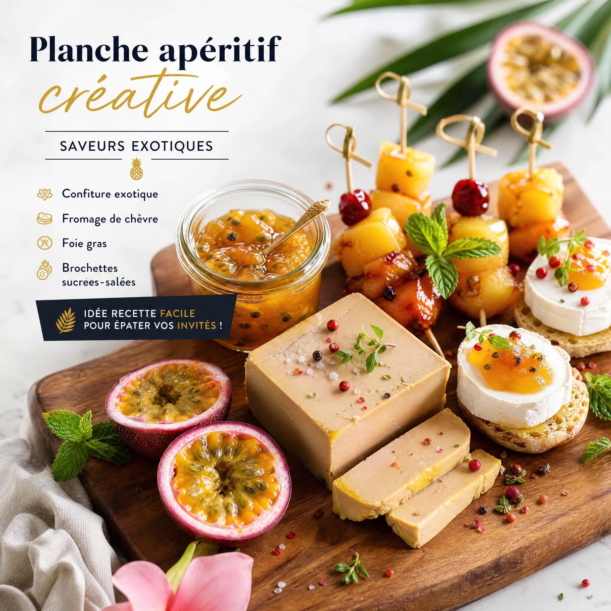 Planche apéritif créative avec confiture exotique, fromage de chèvre, foie gras et brochettes – idée recette facile dessert exotique