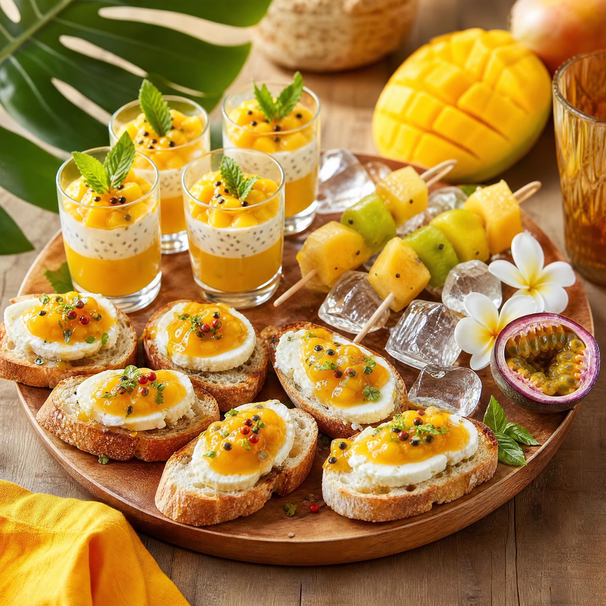 Plateau apéritif coloré avec tartines de chèvre et confiture mangue-passion, brochettes glacées et verrines exotiques sur une table en bois