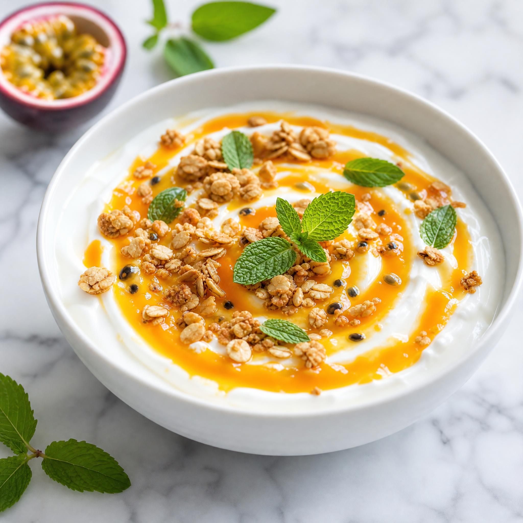 Bol de yaourt grec blanc avec spirale de confiture mangue-passion orange, granola doré et feuilles de menthe fraîche sur fond de marbre