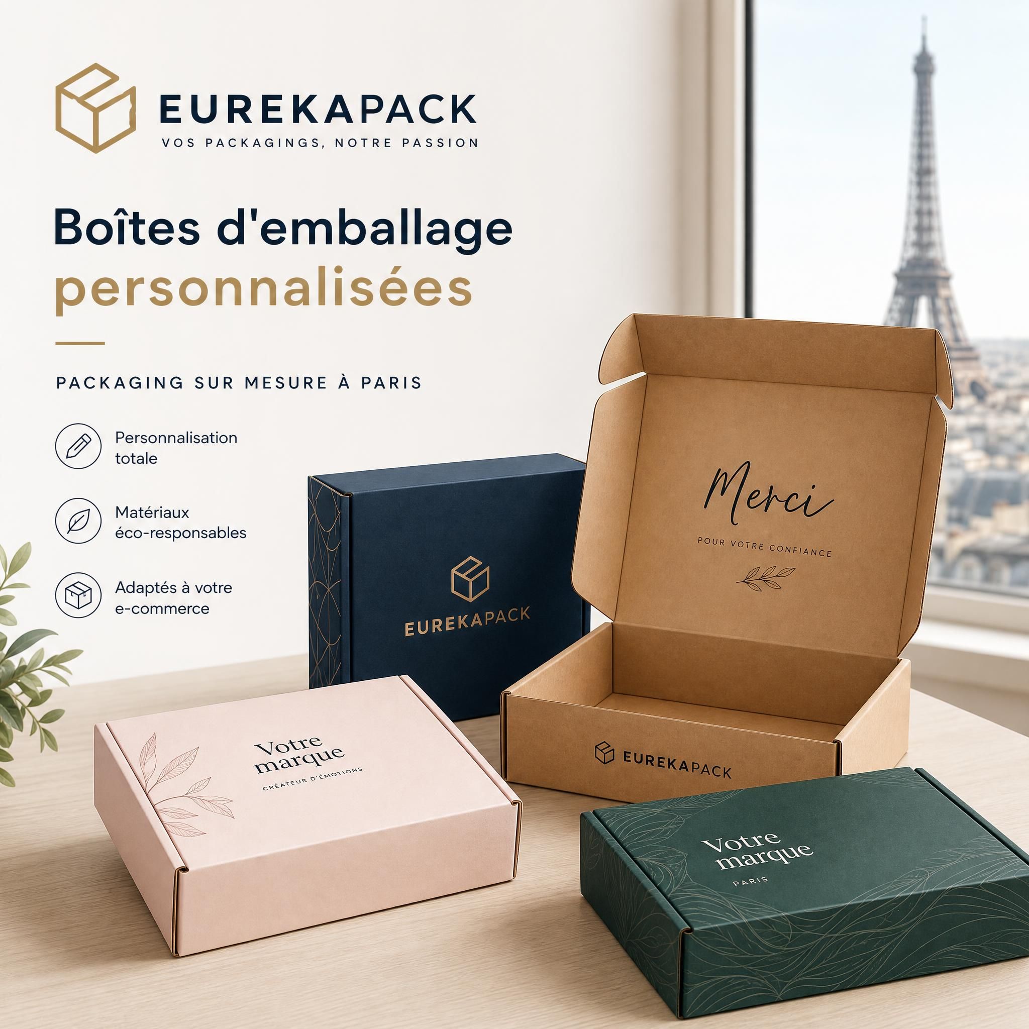 Boîtes d'emballage personnalisées EUREKAPACK avec logo de marque, packaging sur mesure Paris e-commerce