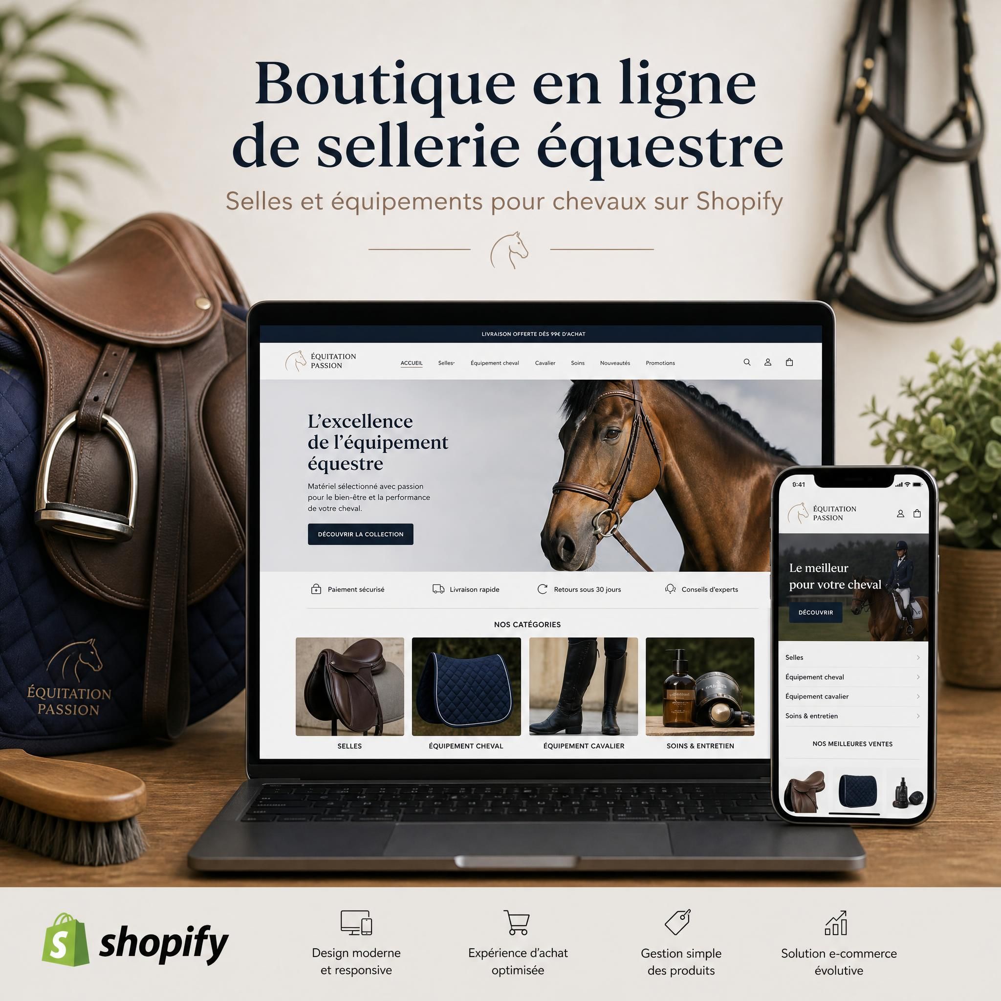 Boutique en ligne de sellerie équestre sur Shopify, selles et équipements pour chevaux présentés sur un e-commerce moderne