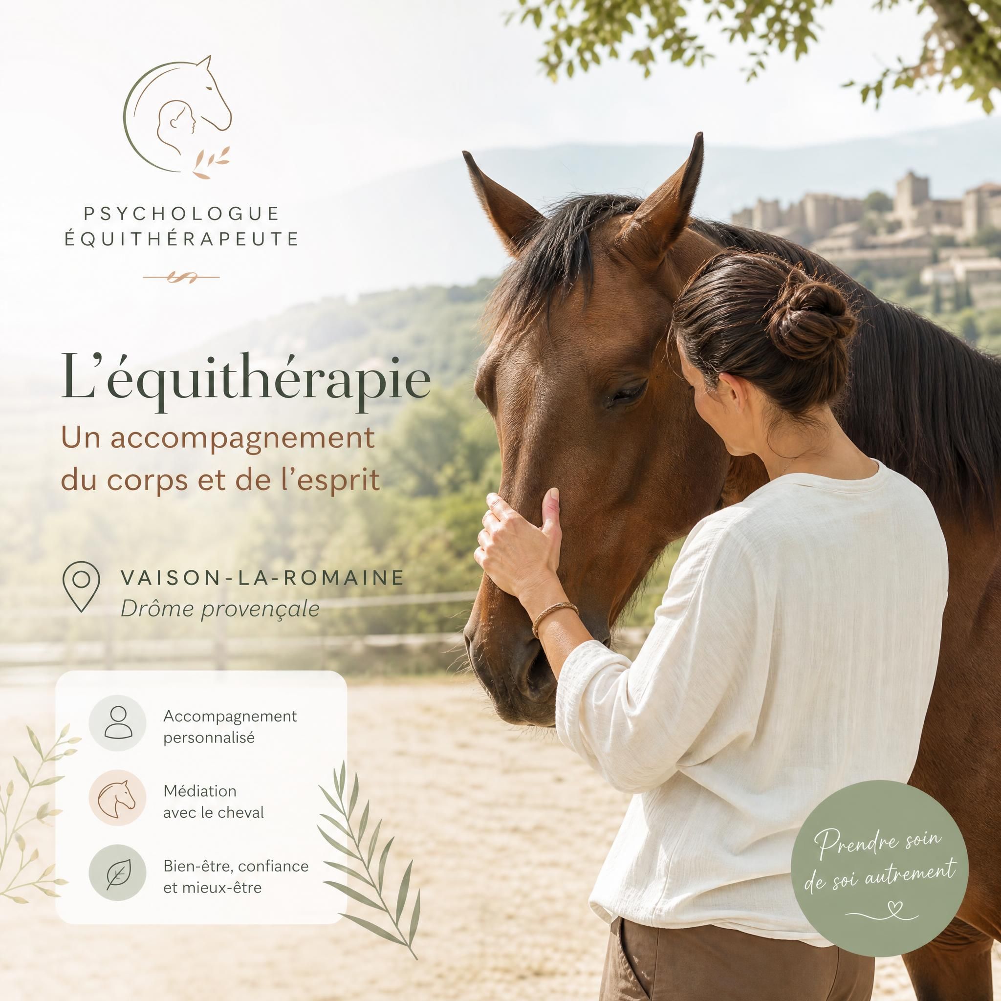 Psychologue équithérapeute avec cheval à Vaison-la-Romaine, séance d'équithérapie en Drôme provençale
