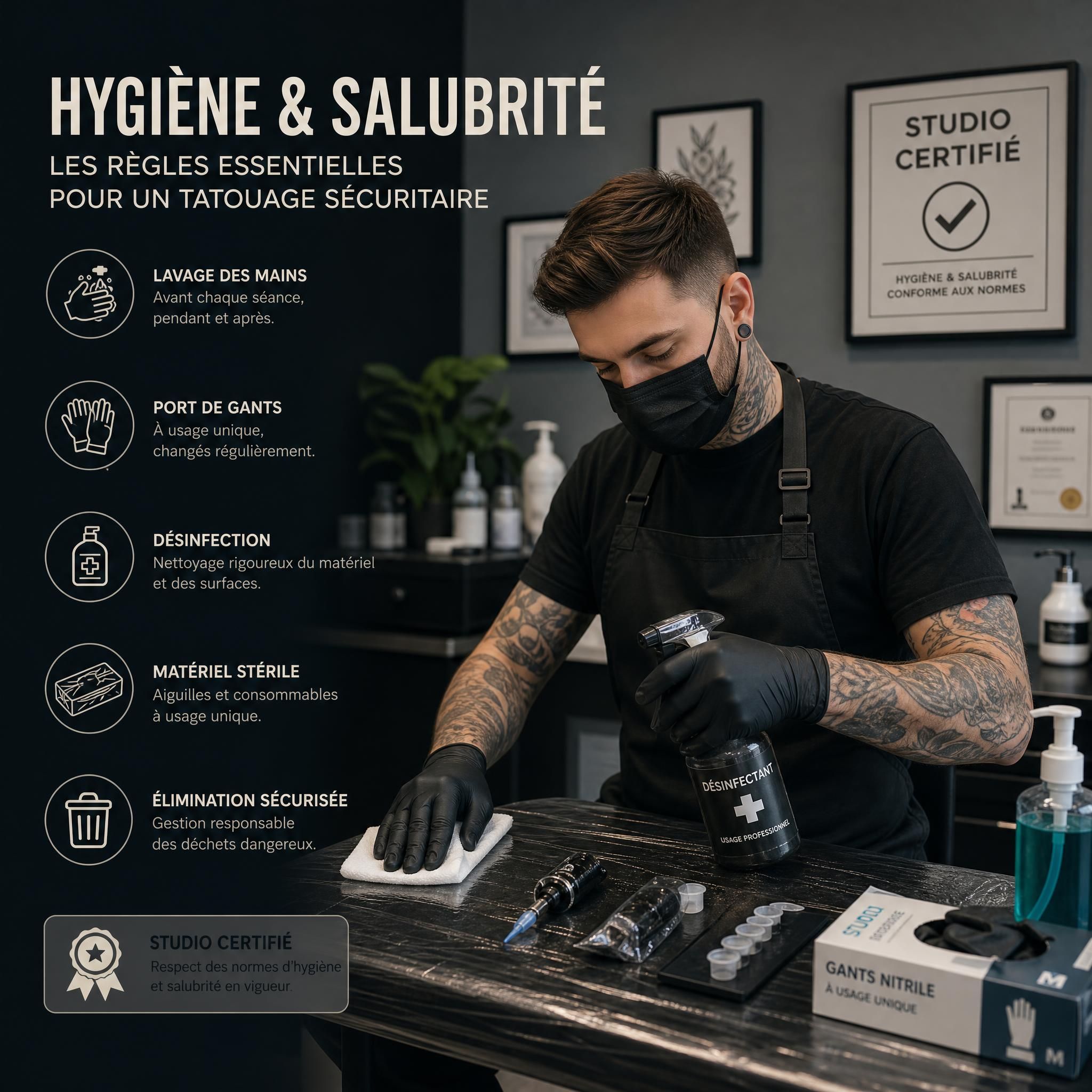 Professionnel du tatouage en tenue de protection appliquant des règles d'hygiène et salubrité dans un studio certifié