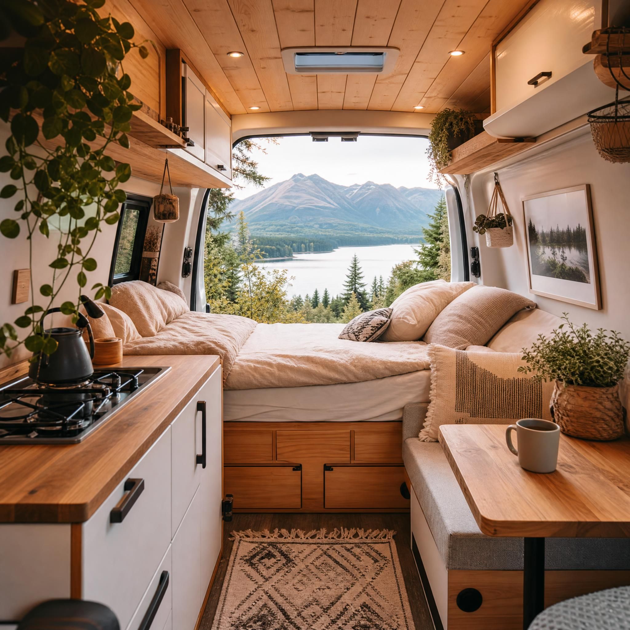 Intérieur cosy d'un van aménagé avec cuisine, lit et vue sur la nature depuis les portes arrière ouvertes