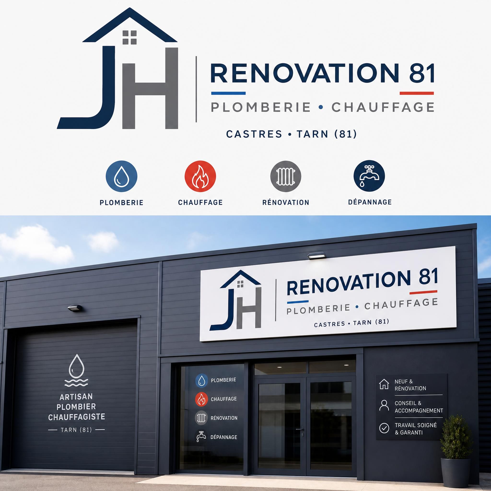 Logo et façade de l'atelier JH Renovation 81 à Castres - artisan plombier chauffagiste Tarn 81