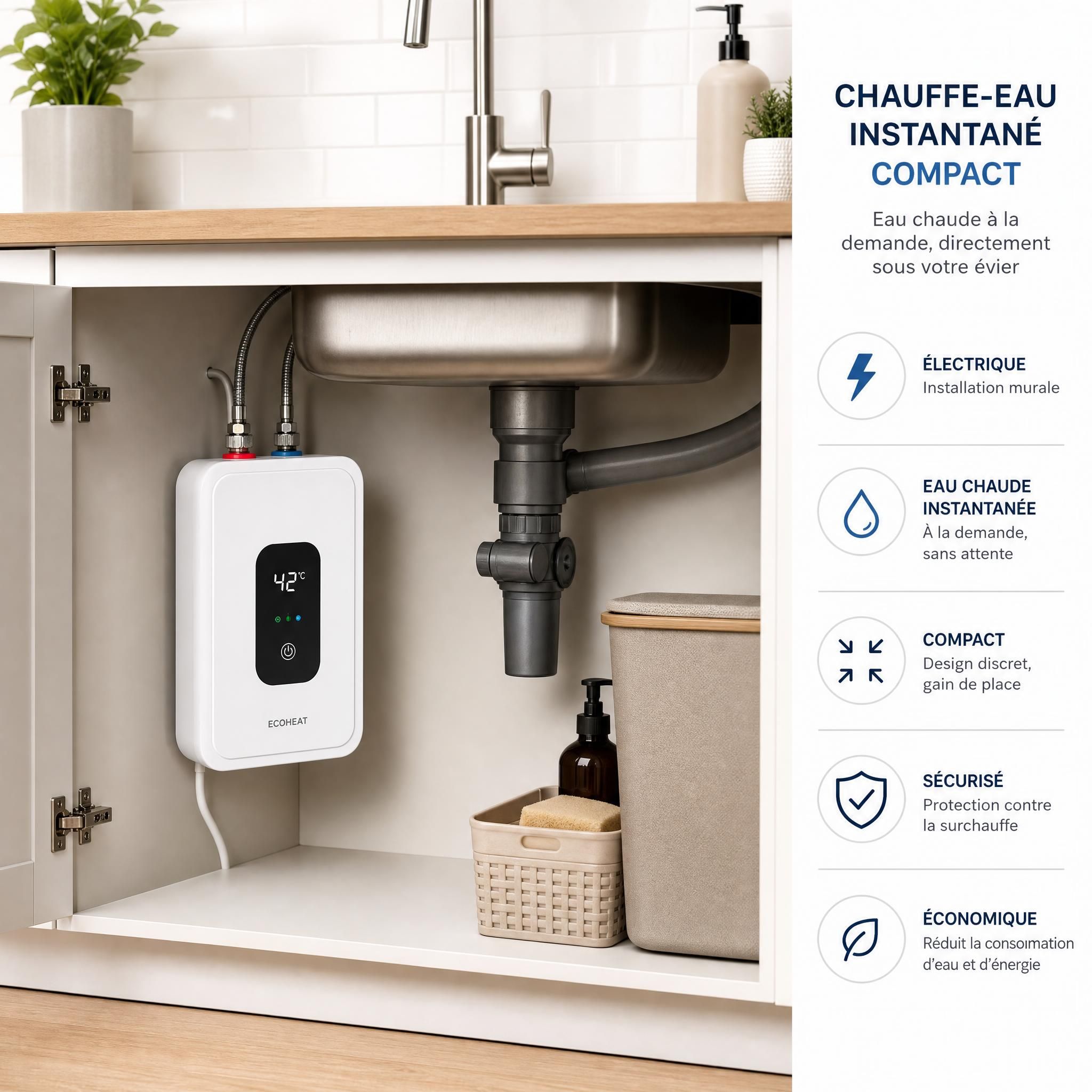 Chauffe-eau instantané compact installé sous un évier de cuisine - modèle électrique mural