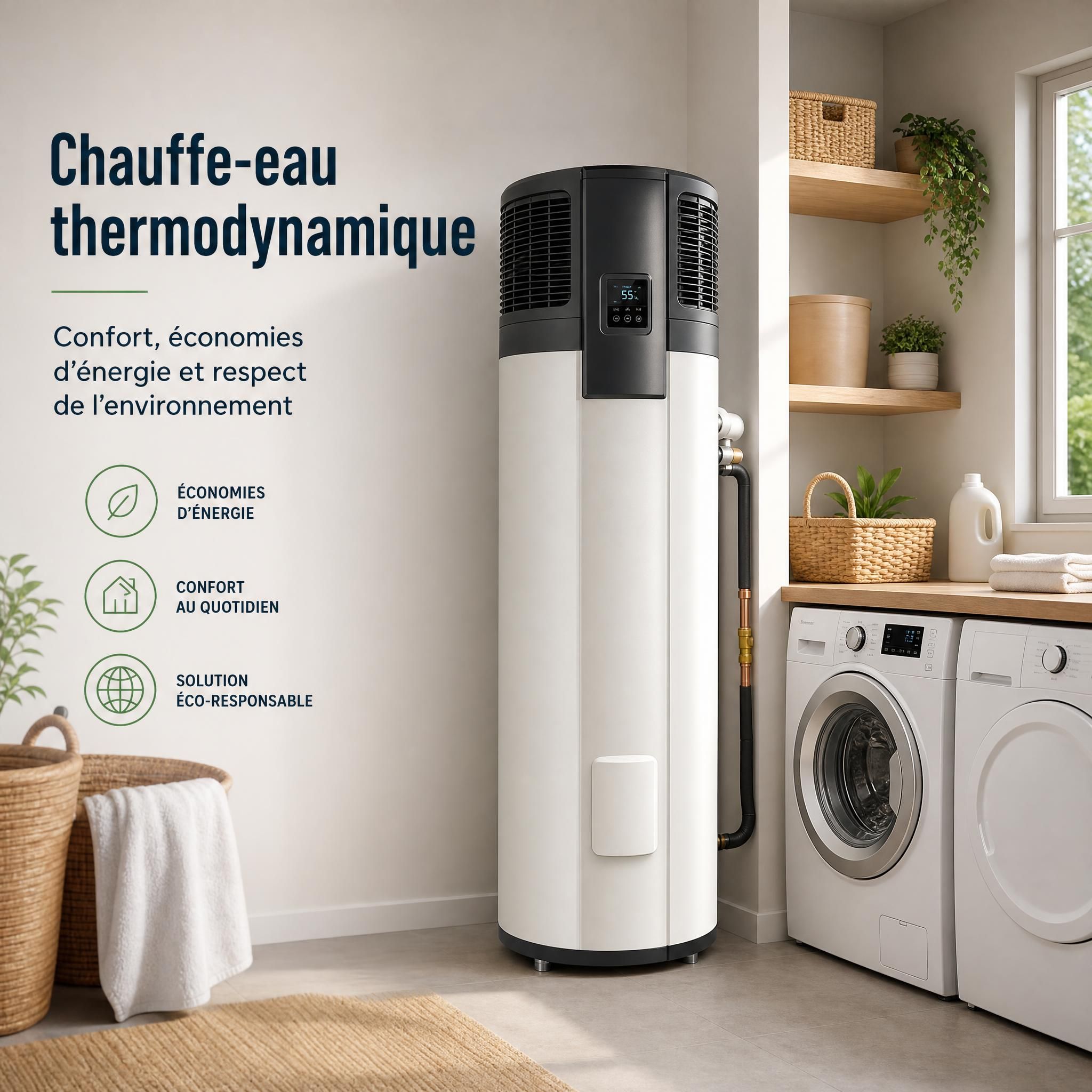 Chauffe-eau thermodynamique installé dans une buanderie - ballon thermodynamique avec pompe à chaleur intégrée
