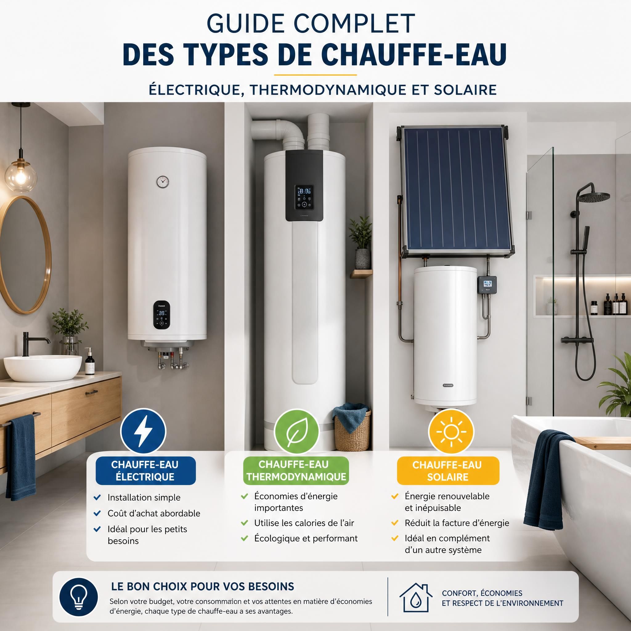 Guide complet des types de chauffe-eau - chauffe-eau électrique, thermodynamique et solaire installés dans une salle de bain moderne