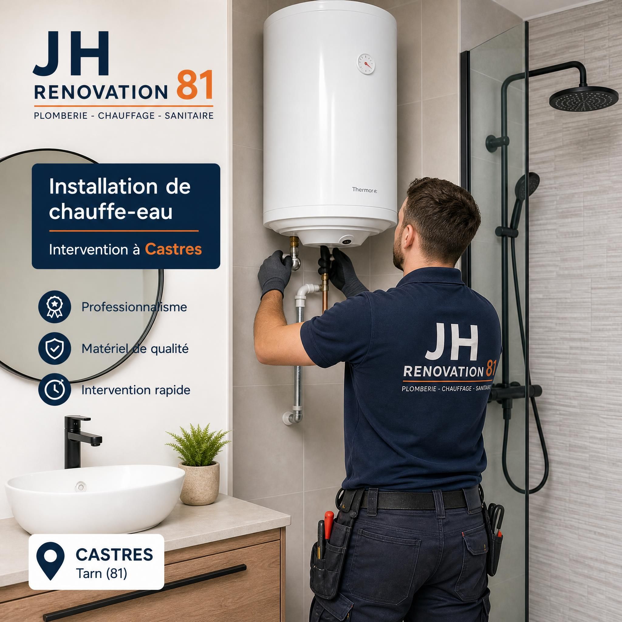 Plombier professionnel JH Renovation 81 en train d'installer un chauffe-eau dans une salle de bain à Castres