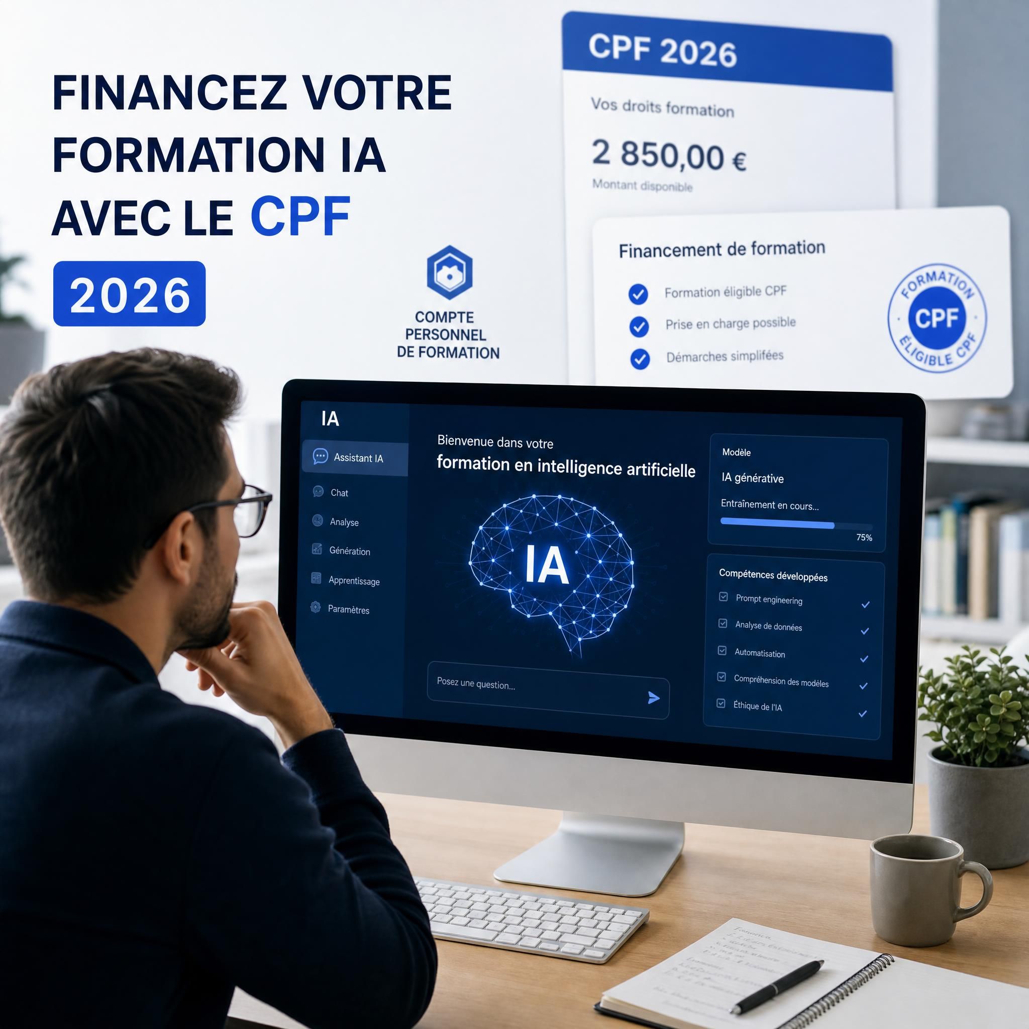 Professionnel en formation IA devant un écran avec interface d'intelligence artificielle, avec en arrière-plan des documents de financement CPF 2026