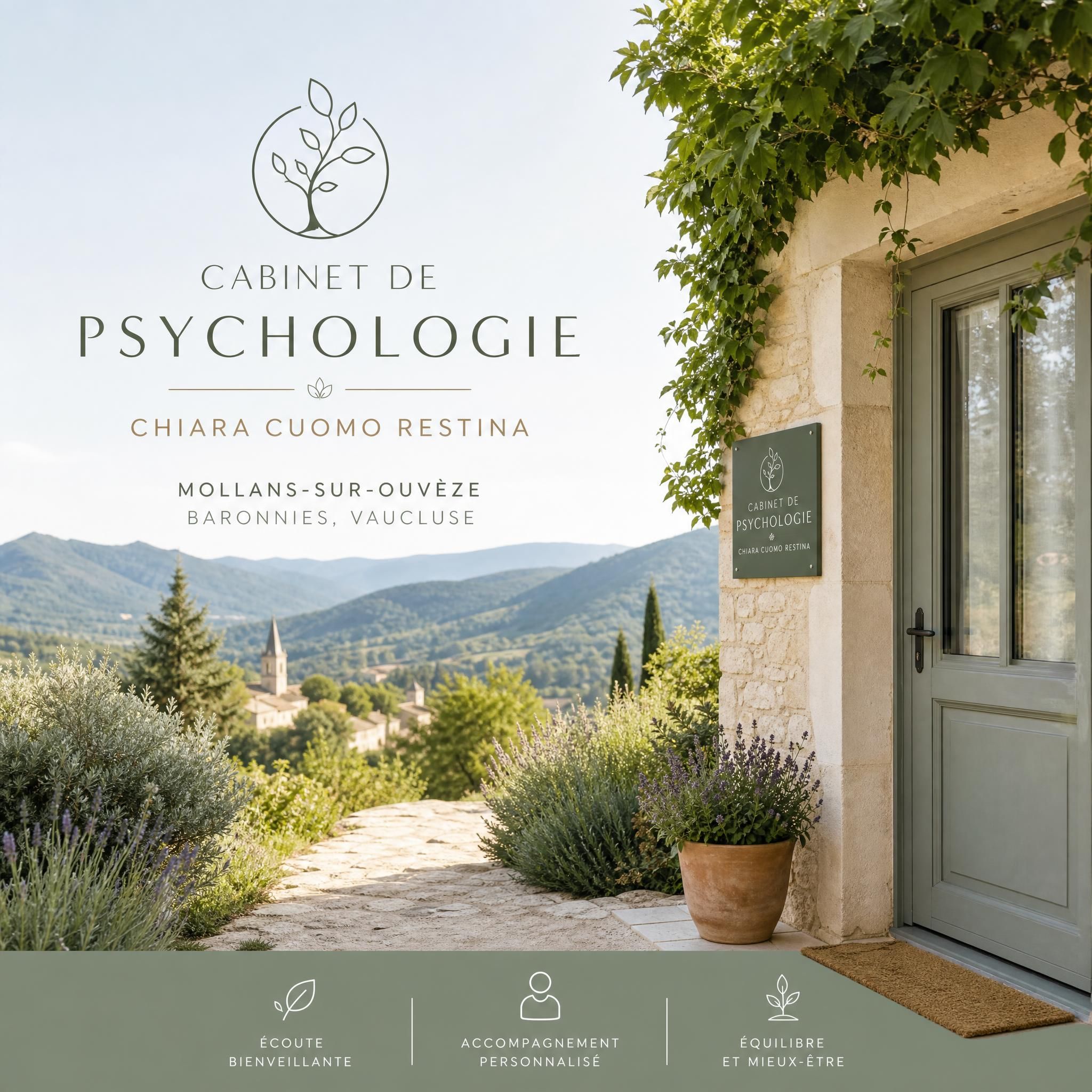 Cabinet de psychologie Chiara Cuomo Restina entouré de la nature provençale des Baronnies, Mollans-sur-Ouvèze, Vaucluse