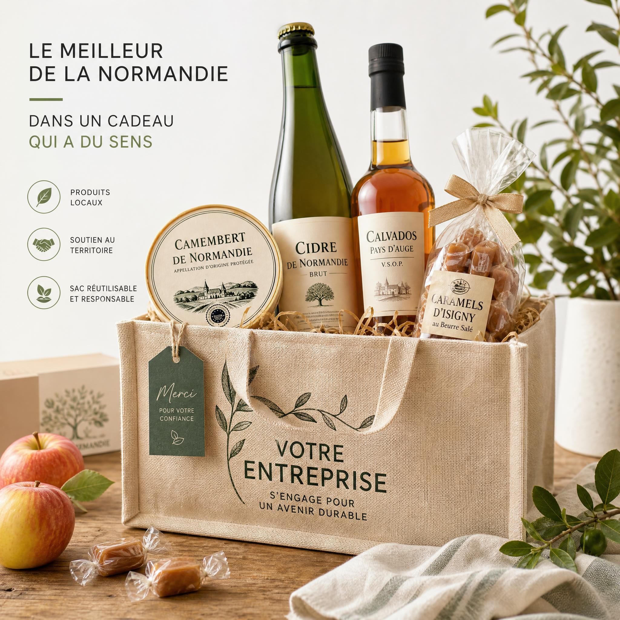 Panier garni normand composé de produits du terroir — camembert, cidre, calvados, caramels d'Isigny — présenté dans un sac textile personnalisé pour cadeau d'entreprise RSE